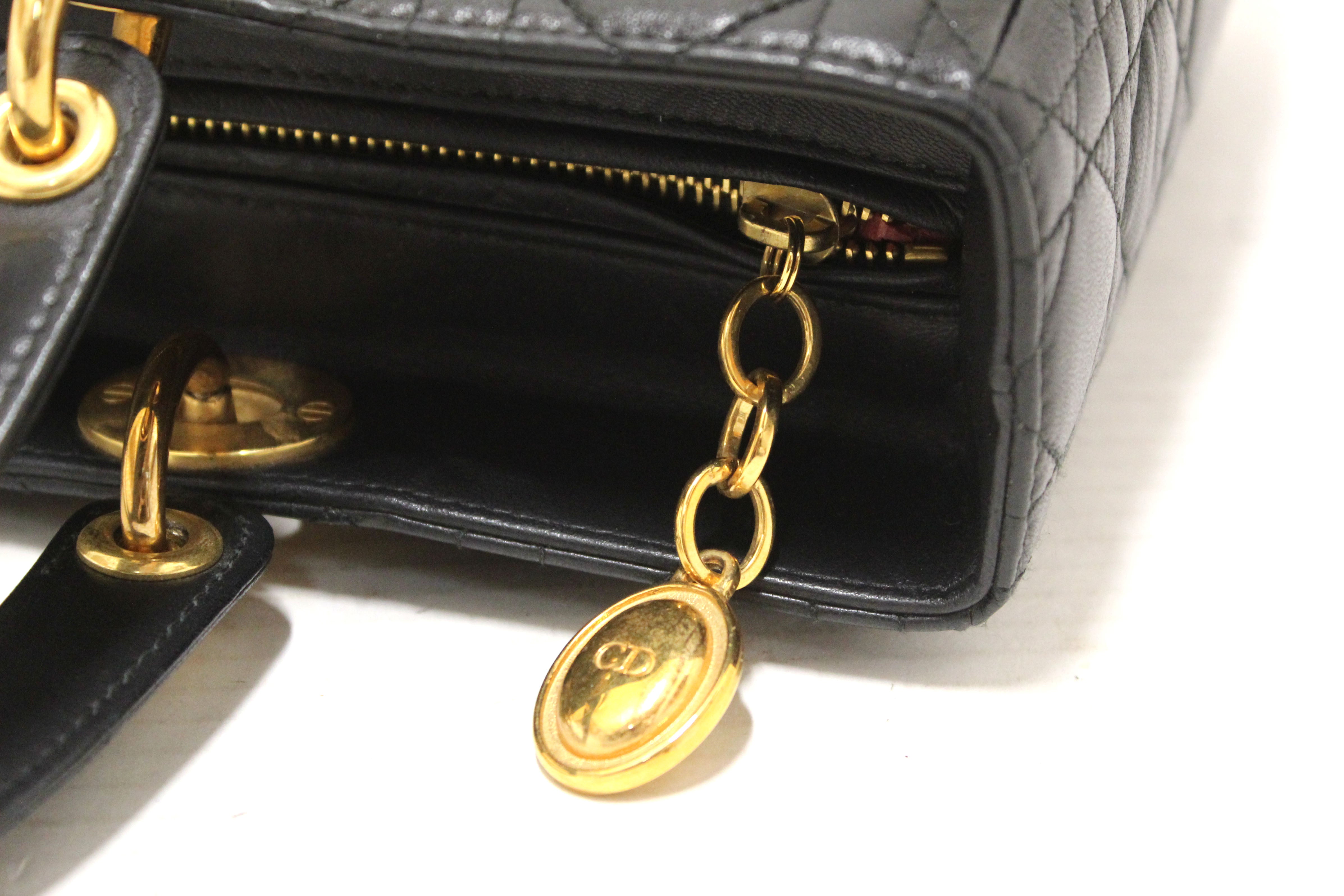 Authentic Christian Dior Black Cannage Lambskin Leather Large Lady Dior Bag