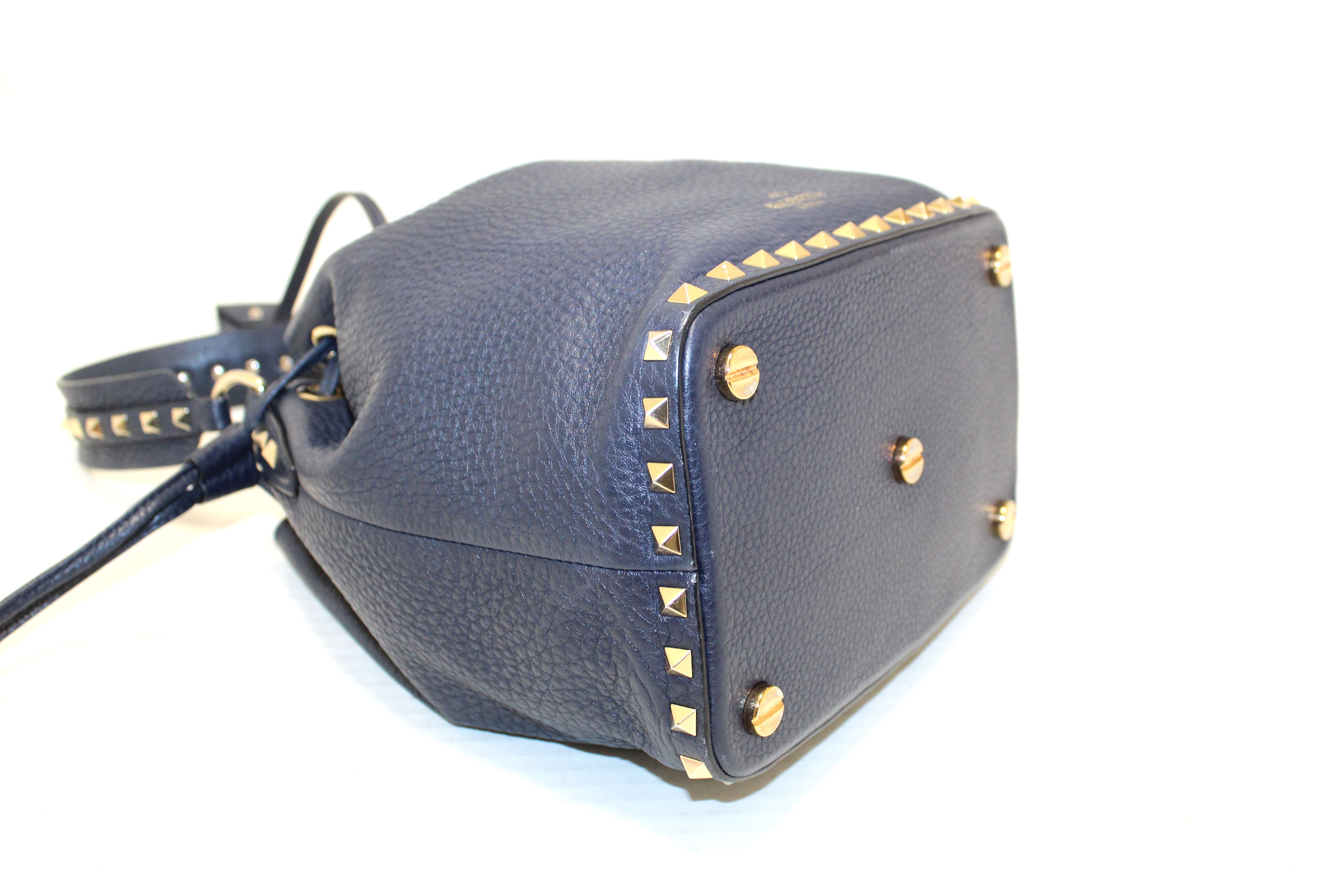 Authentic Valentino Garavani Navy Blue Rockstud Small Bucket Bag
