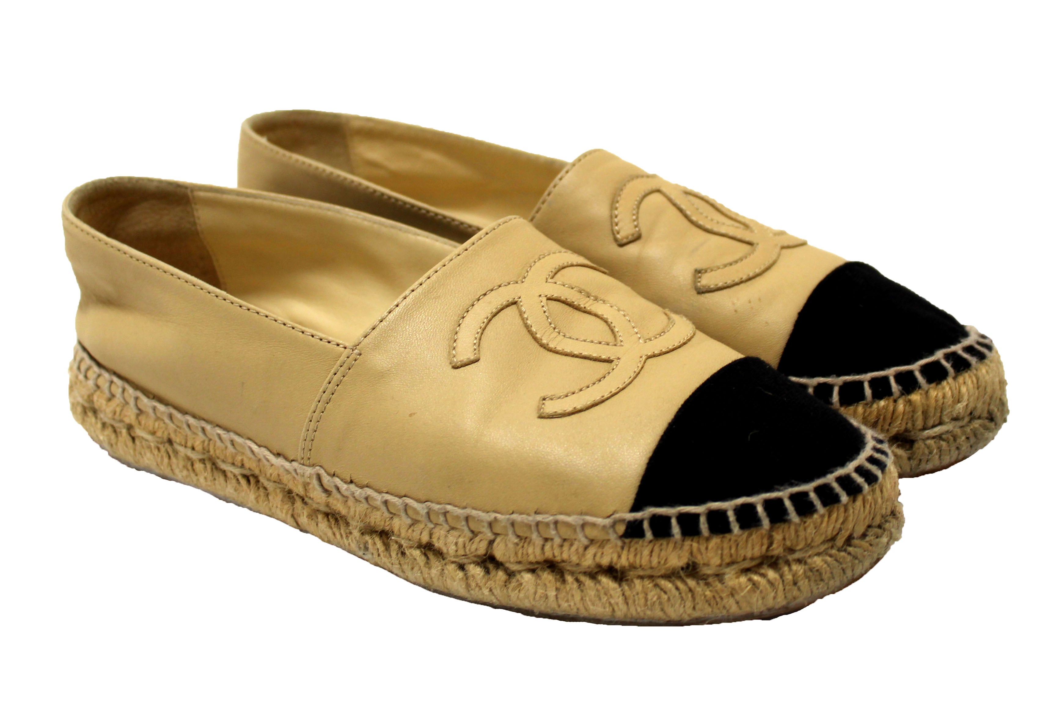 Authentic Chanel Beige/Black Lambskin Leather Espadrilles Shoes Size 37.5