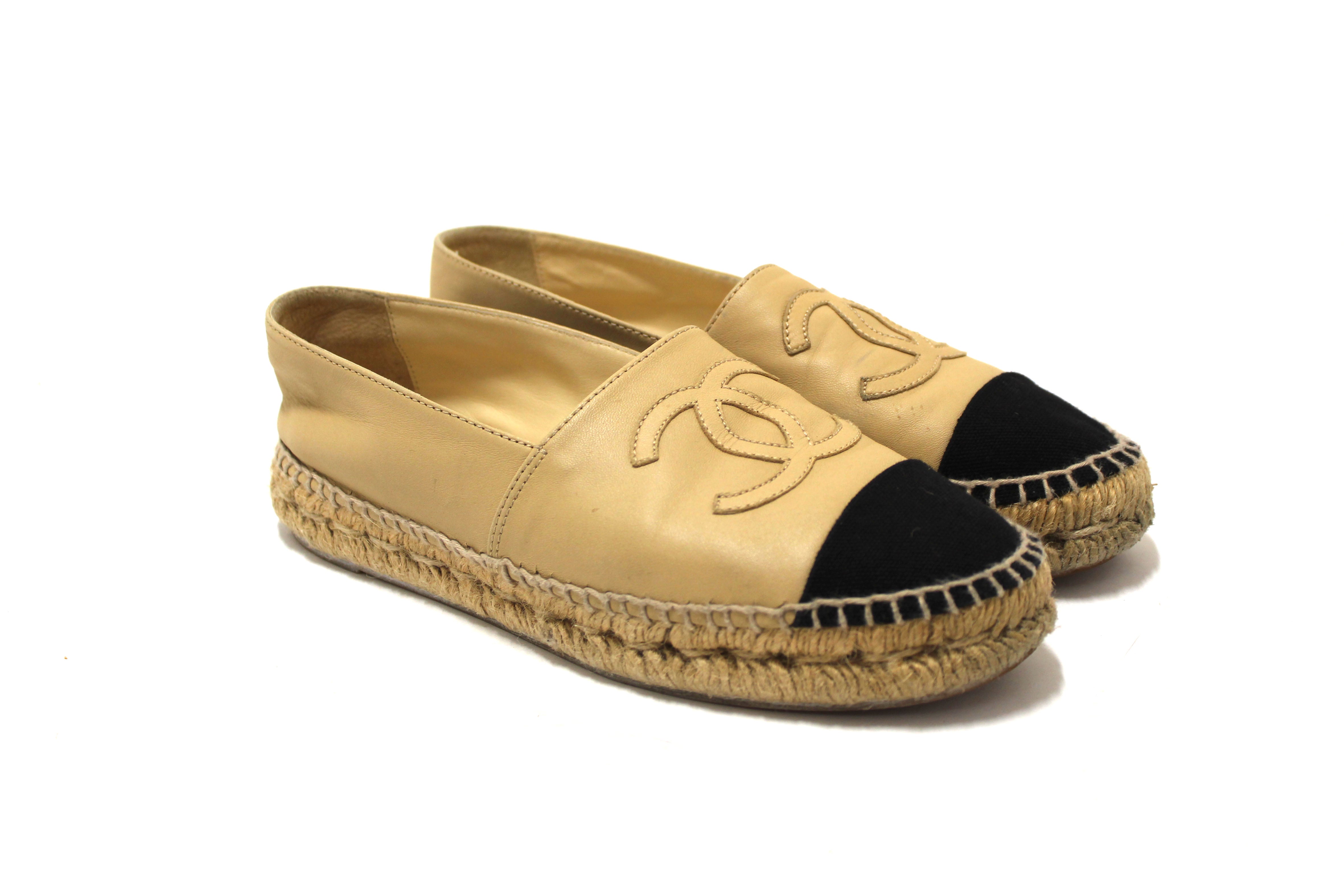 Authentic Chanel Beige/Black Lambskin Leather Espadrilles Shoes Size 37.5