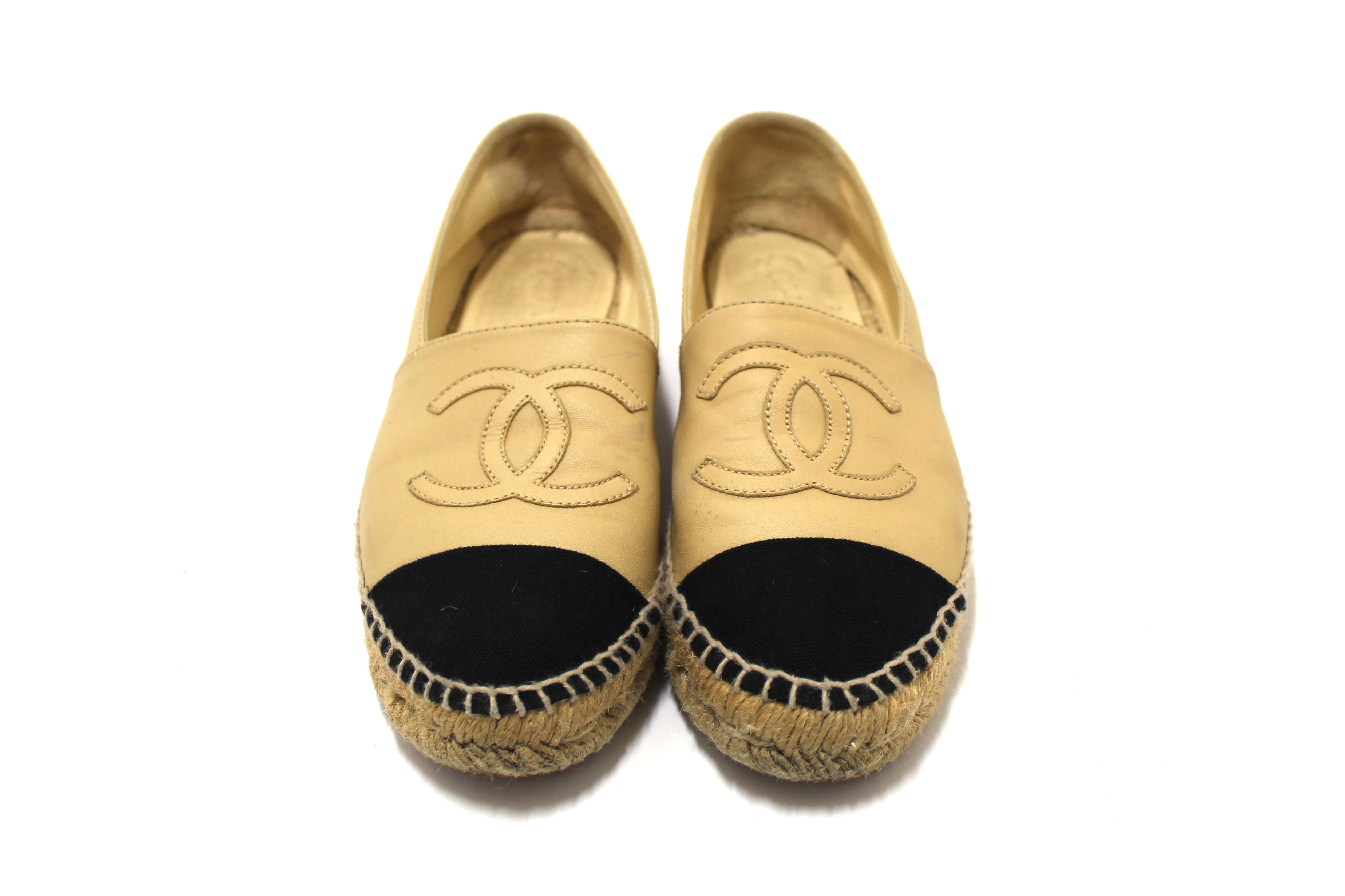 Authentic Chanel Beige/Black Lambskin Leather Espadrilles Shoes Size 37.5