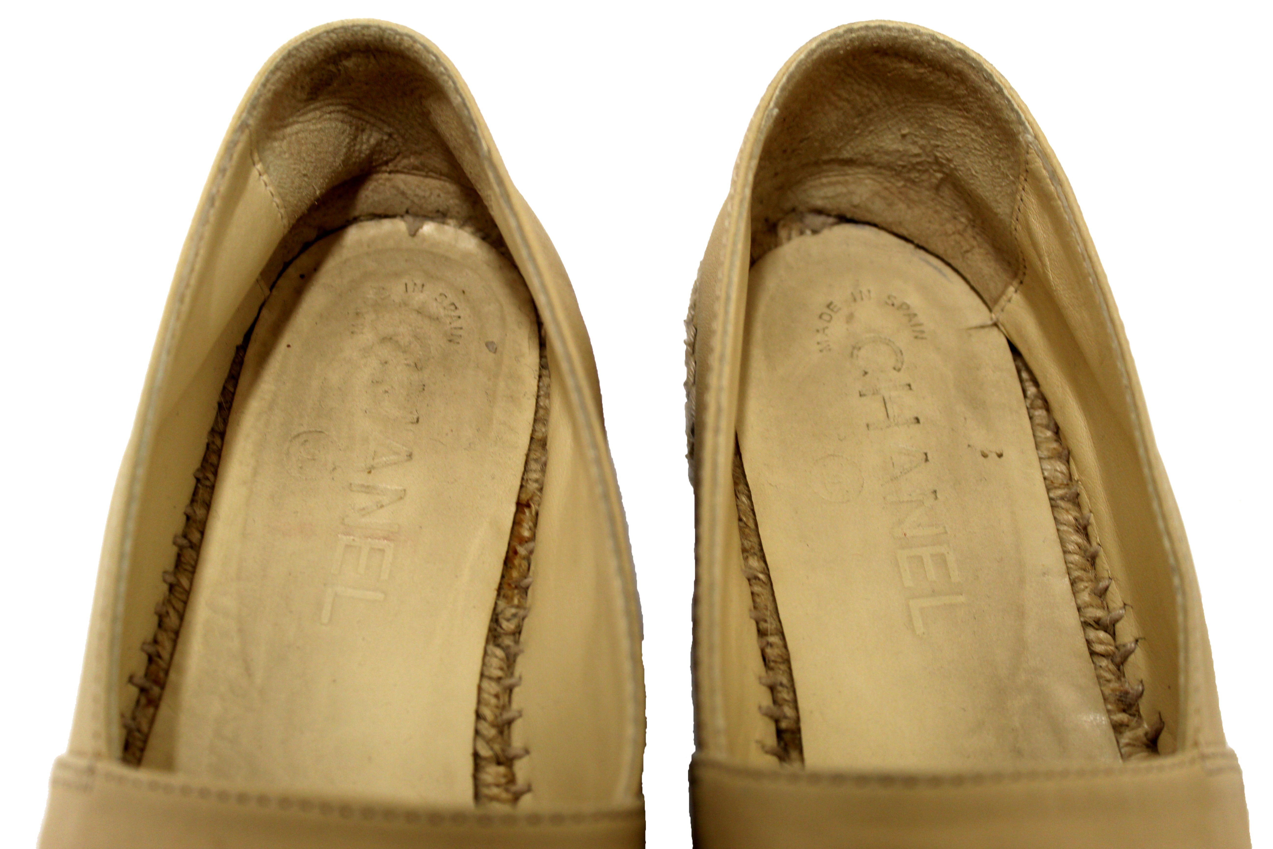 Authentic Chanel Beige/Black Lambskin Leather Espadrilles Shoes Size 37.5