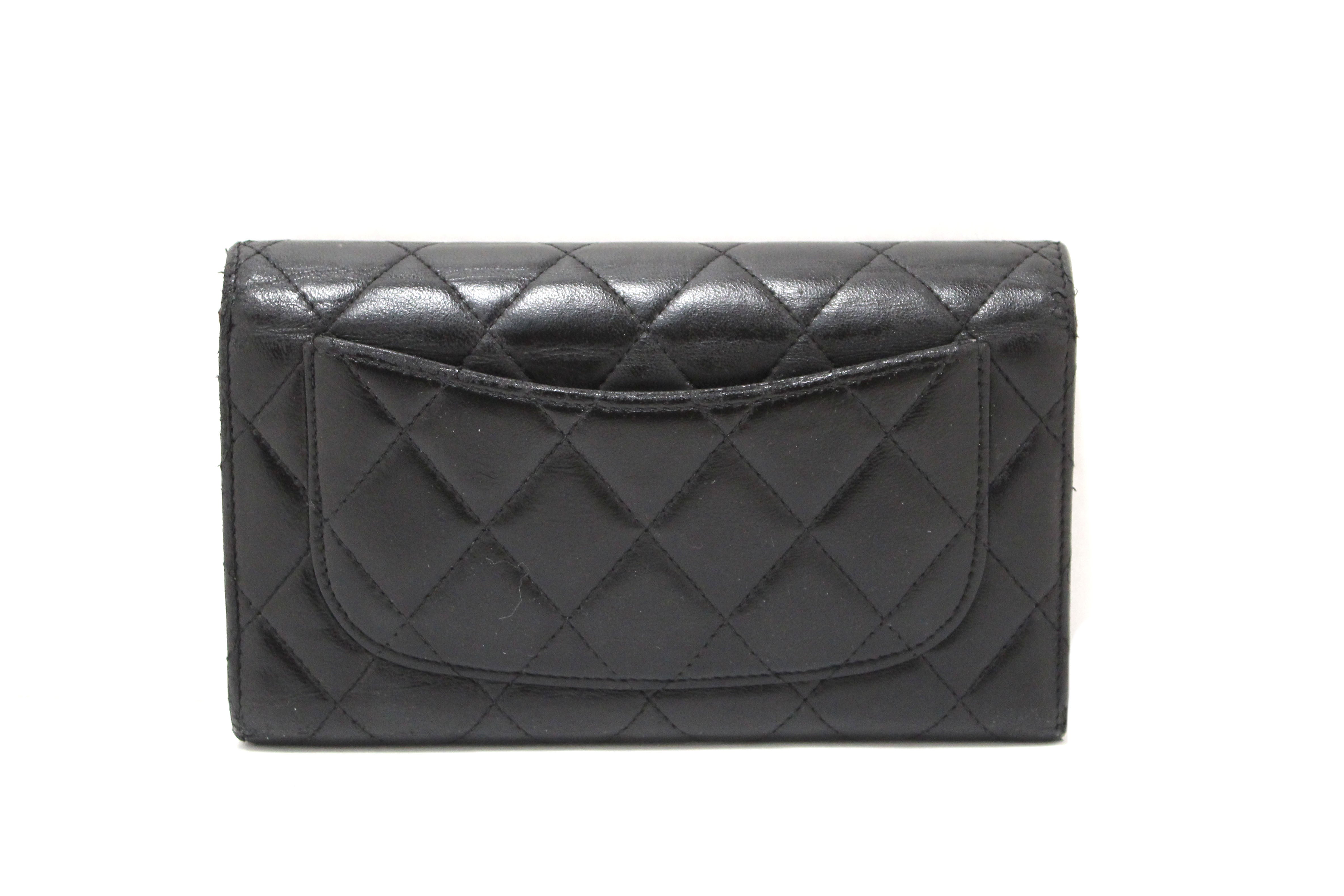 Authentic Chanel Black Quilted Lambskin Leather Trifold Flap Wallet