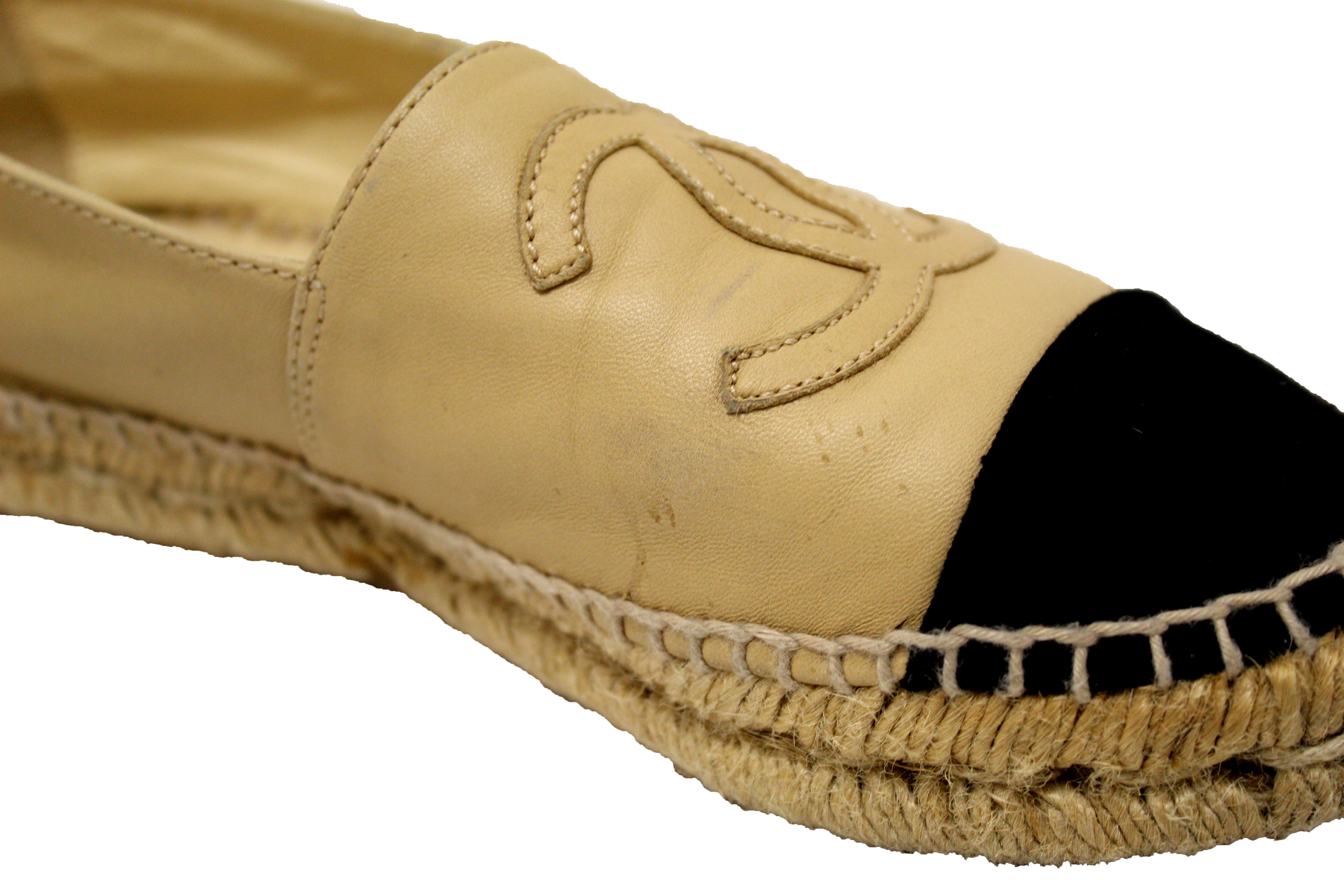 Authentic Chanel Beige/Black Lambskin Leather Espadrilles Shoes Size 37.5