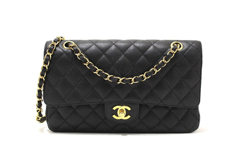 Authentic Chanel Classic Black Quilted Caviar Leather Classic Medium Double Flap Bag