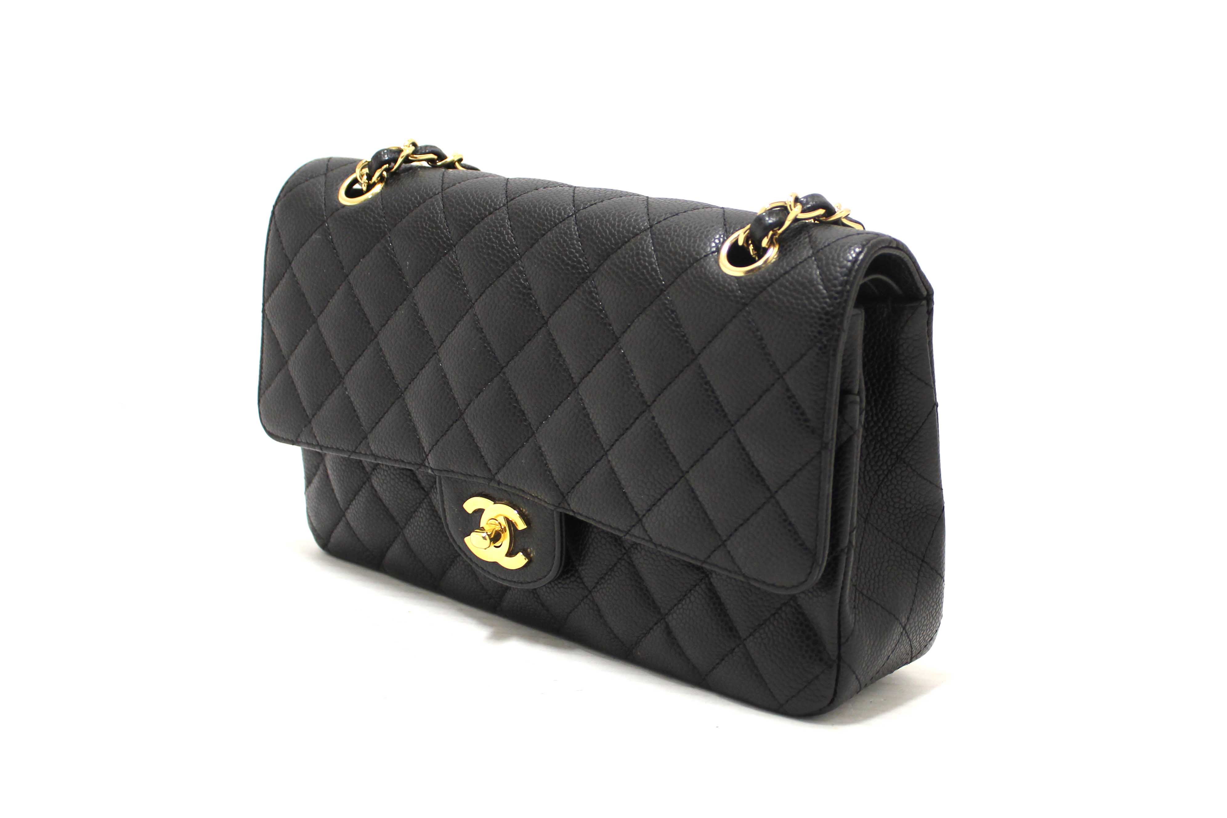 Authentic Chanel Classic Black Quilted Caviar Leather Classic Medium Double Flap Bag
