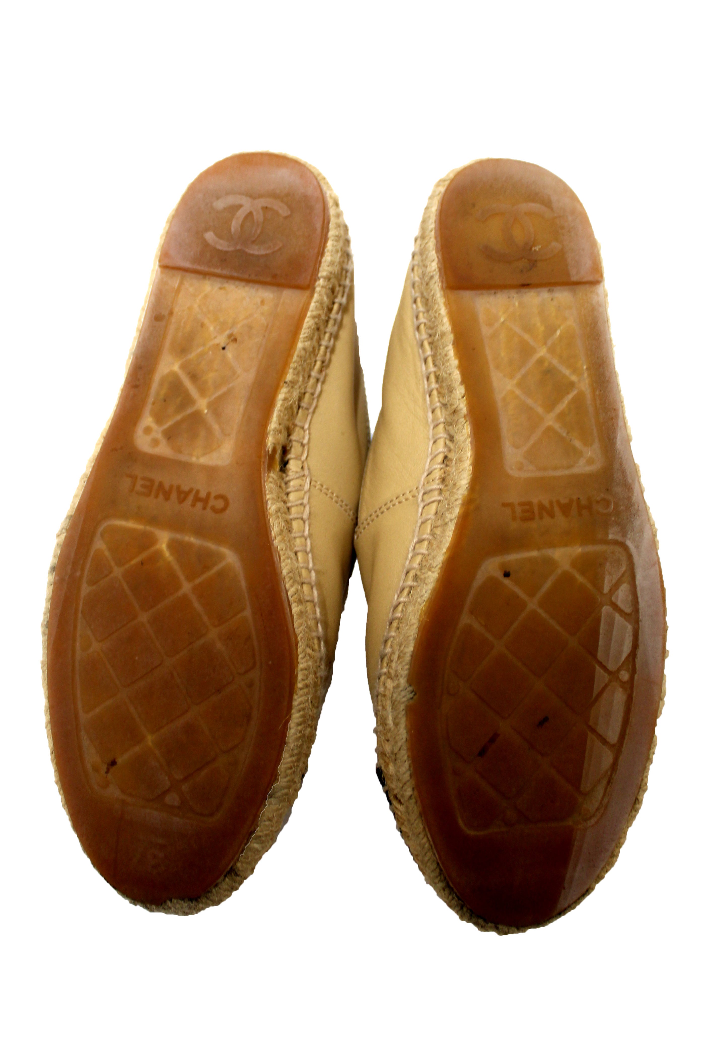 Authentic Chanel Beige/Black Lambskin Leather Espadrilles Shoes Size 37.5