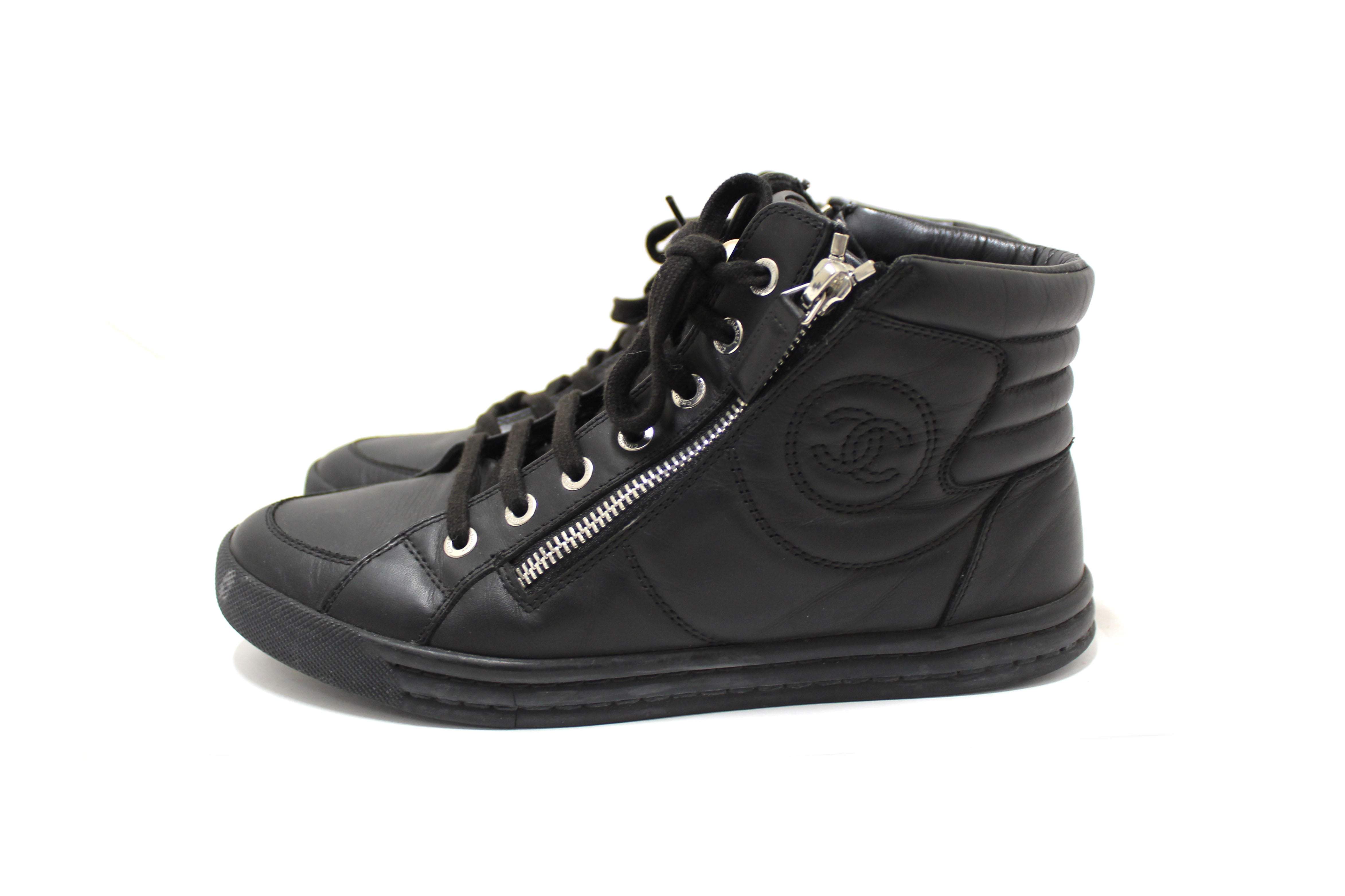 Authentic Chanel Black Leather CC Zip Link High Top Sneakers Size 37