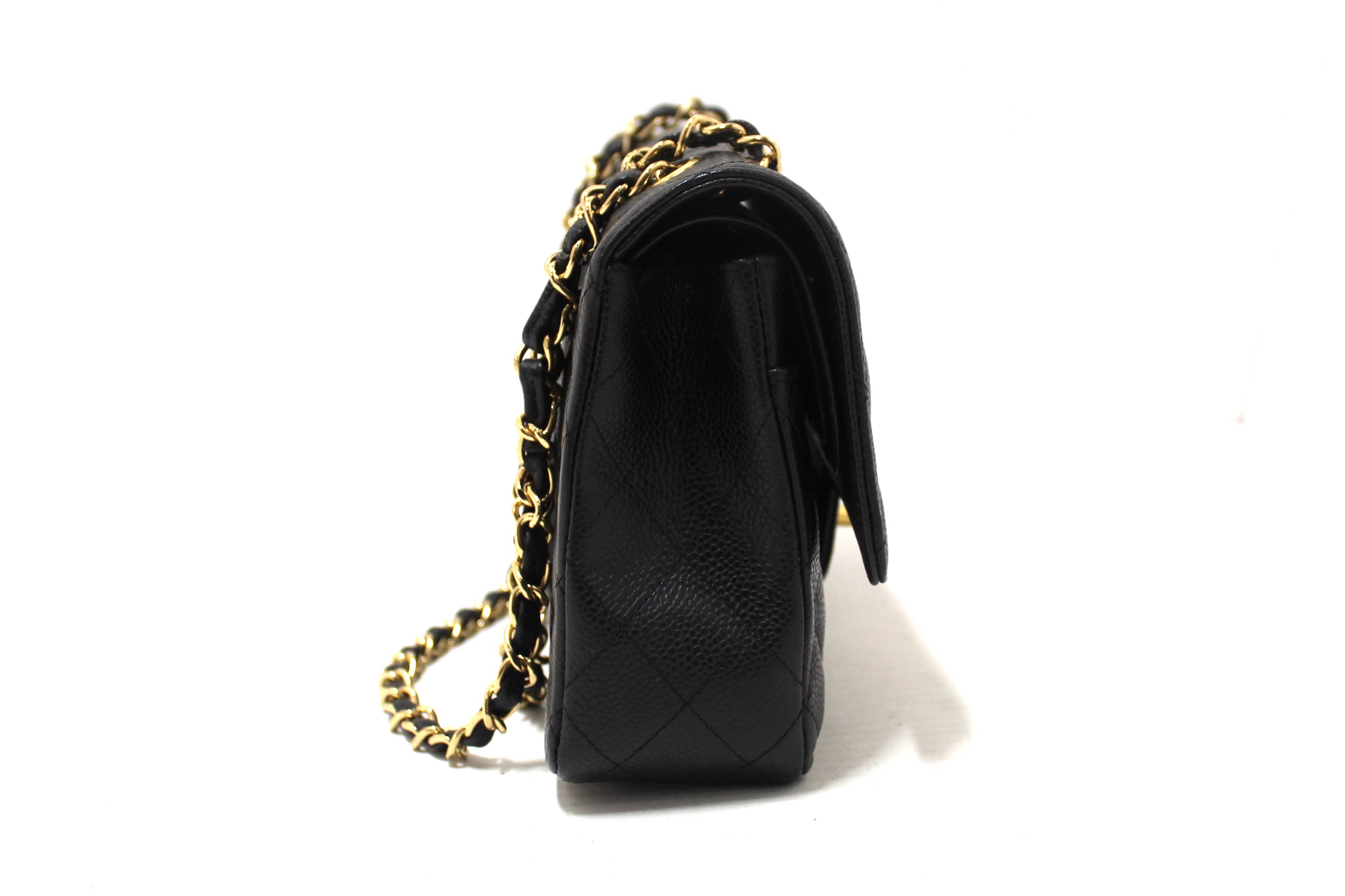 Authentic Chanel Classic Black Quilted Caviar Leather Classic Medium Double Flap Bag