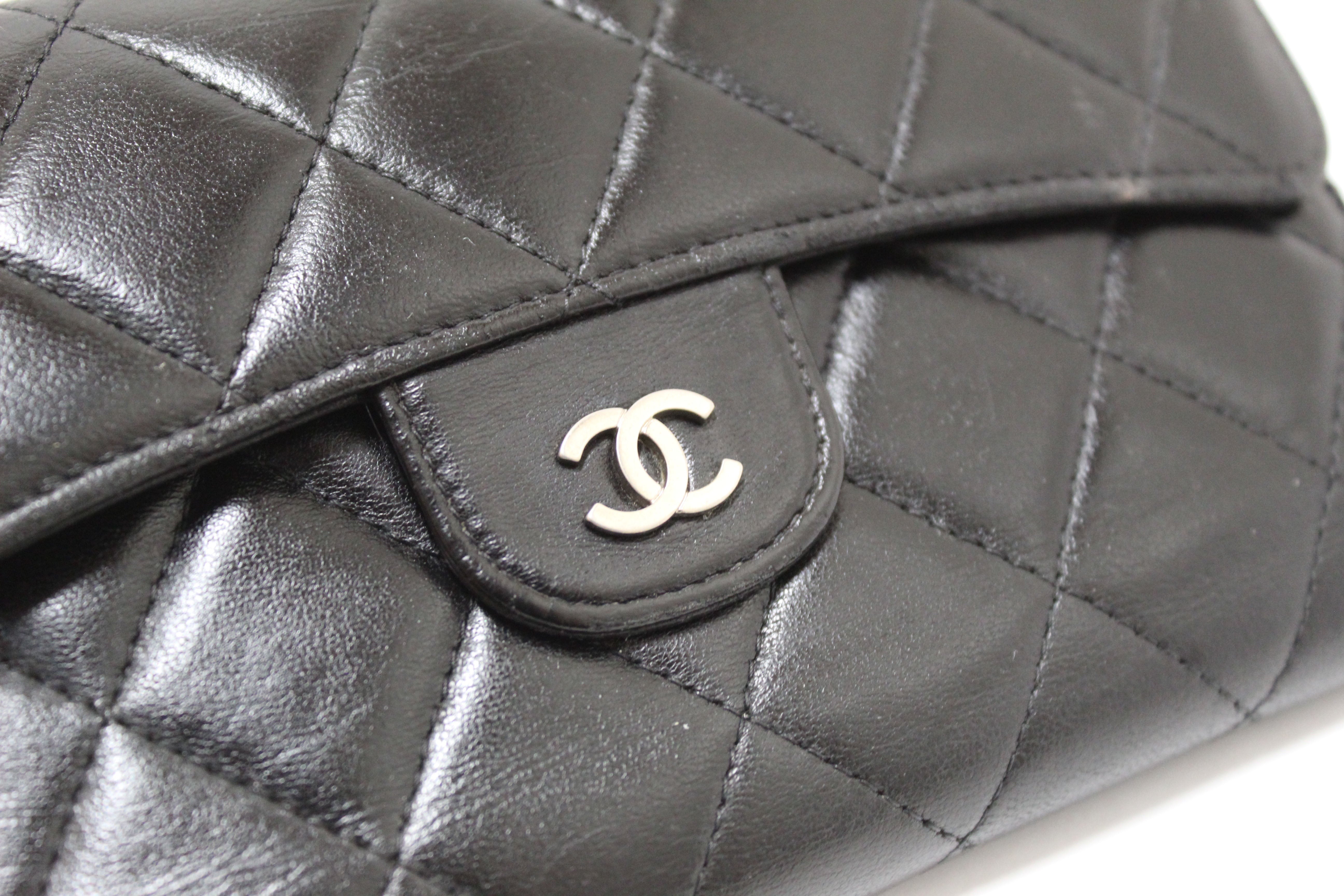 Authentic Chanel Black Quilted Lambskin Leather Trifold Flap Wallet