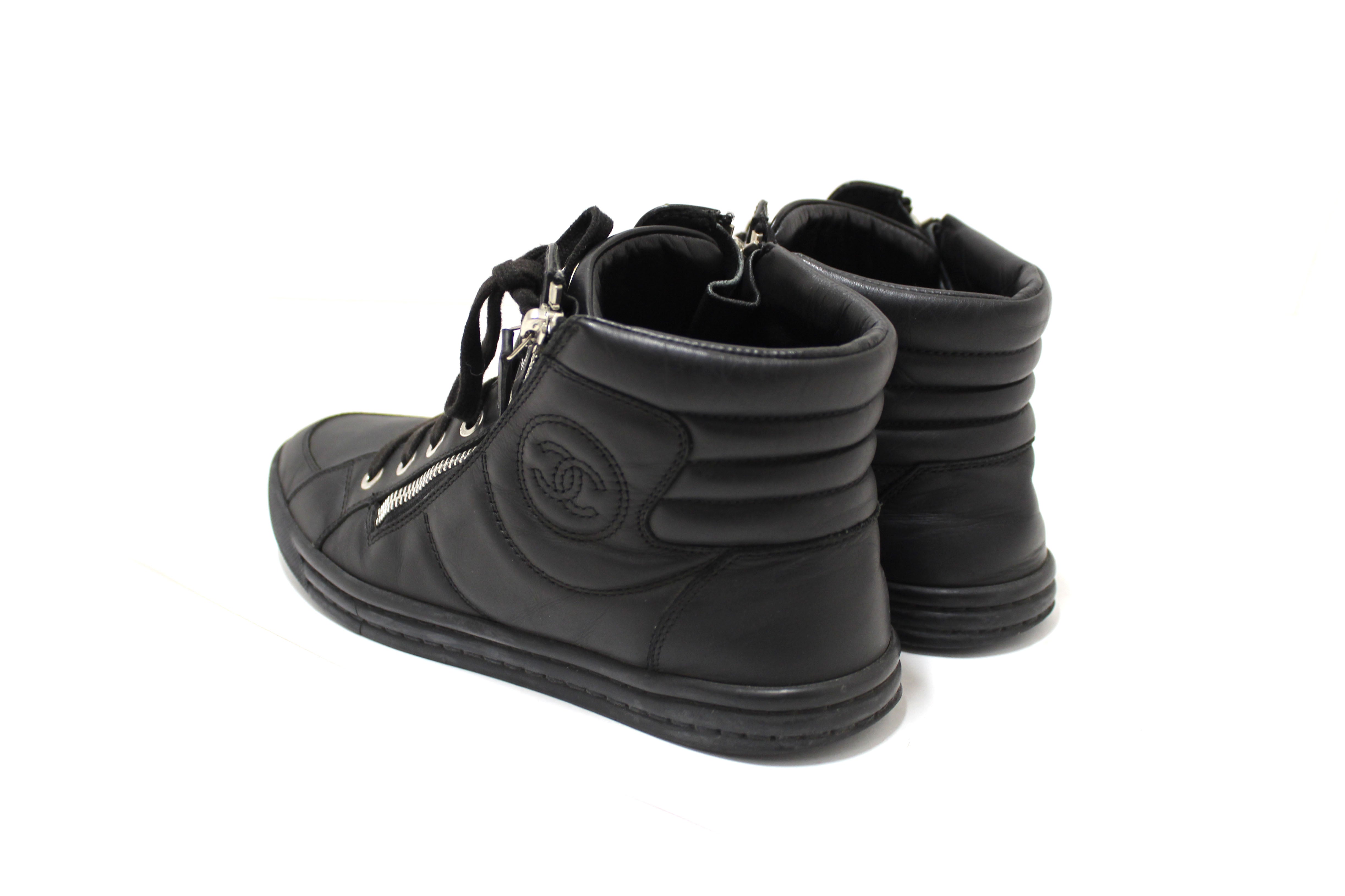 Authentic Chanel Black Leather CC Zip Link High Top Sneakers Size 37