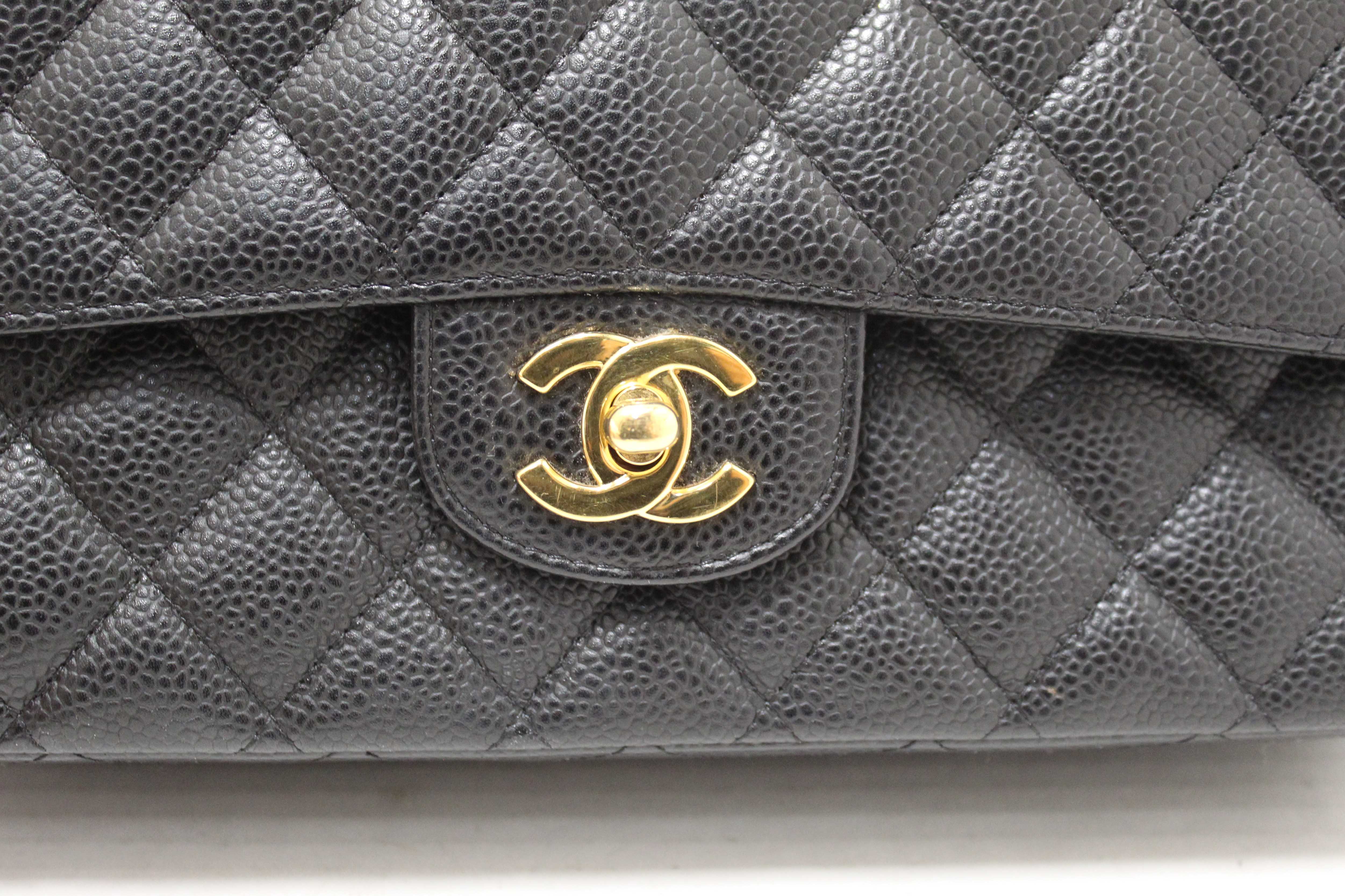 Authentic Chanel Classic Black Quilted Caviar Leather Classic Medium Double Flap Bag