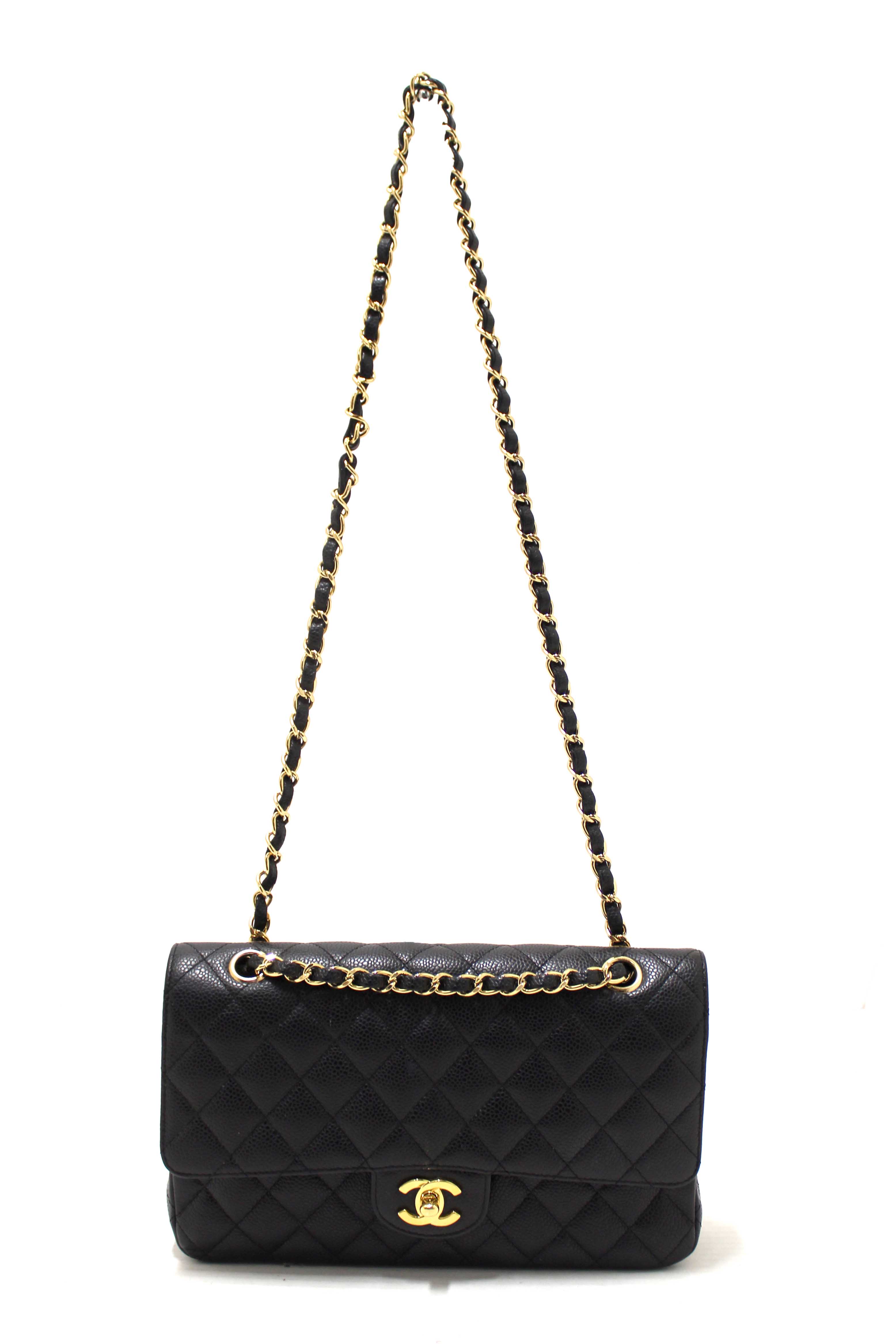 Authentic Chanel Classic Black Quilted Caviar Leather Classic Medium Double Flap Bag