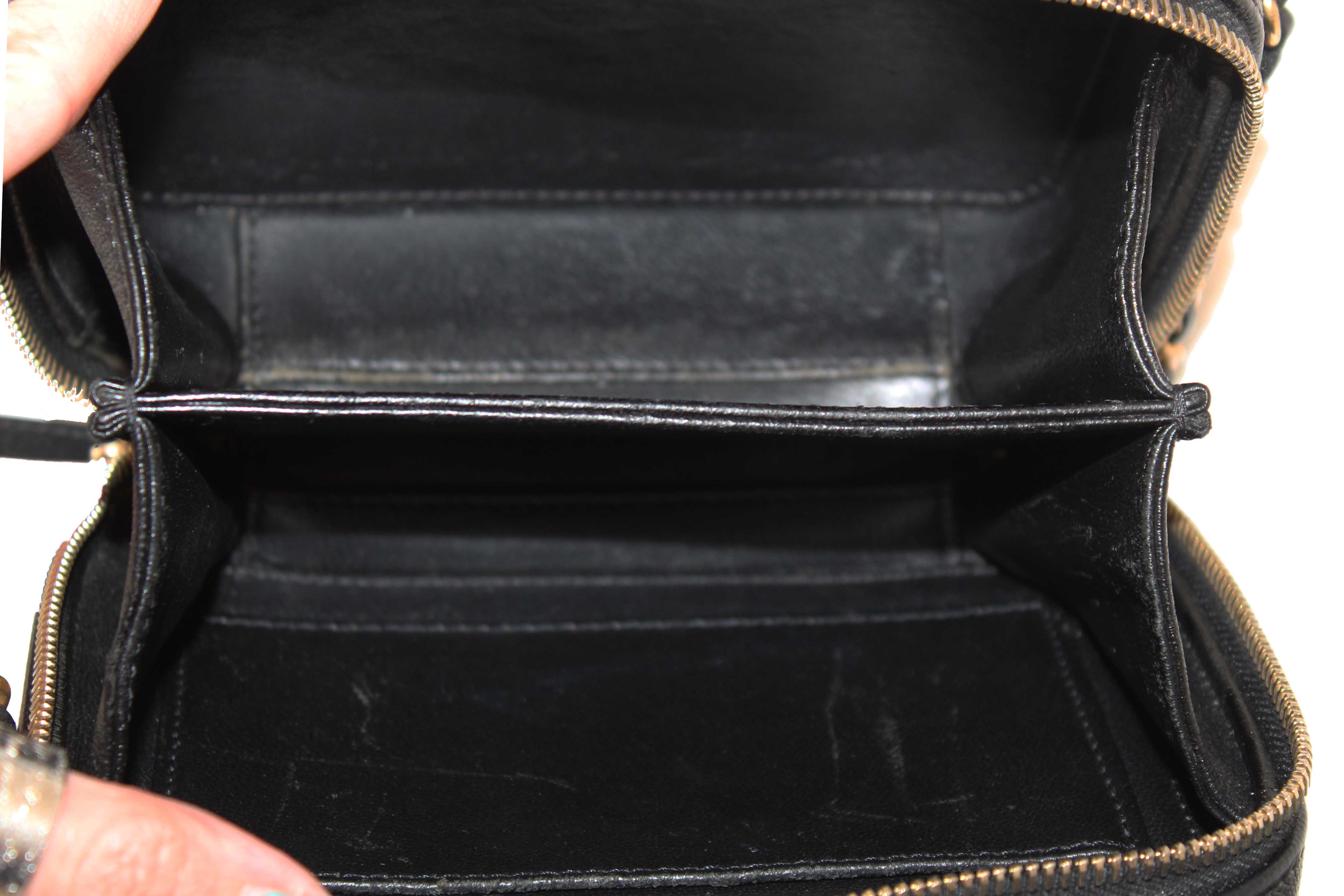 Authentic Chanel Black Quilted Caviar Leather Small CC Filigree Vanity Case