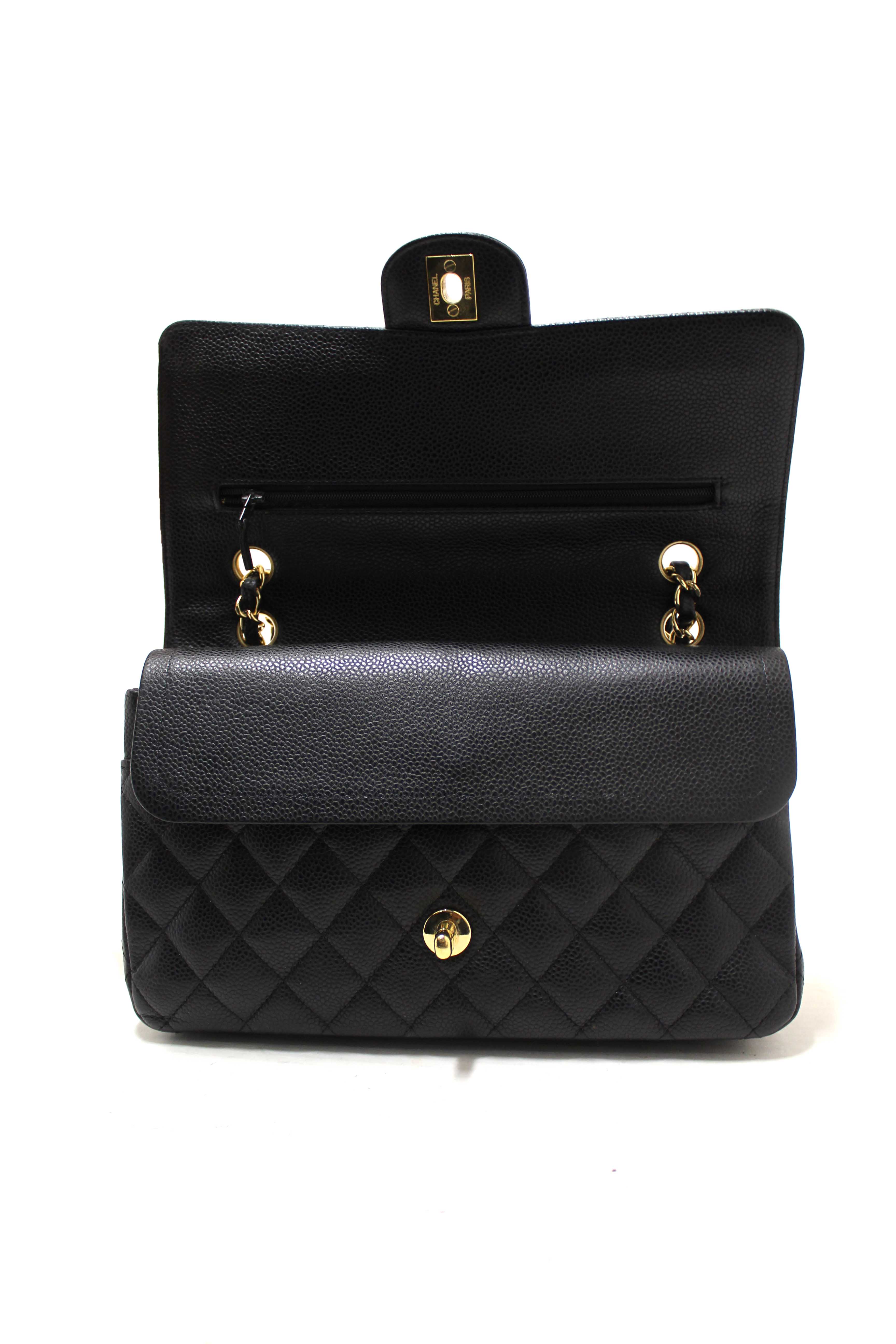 Authentic Chanel Classic Black Quilted Caviar Leather Classic Medium Double Flap Bag
