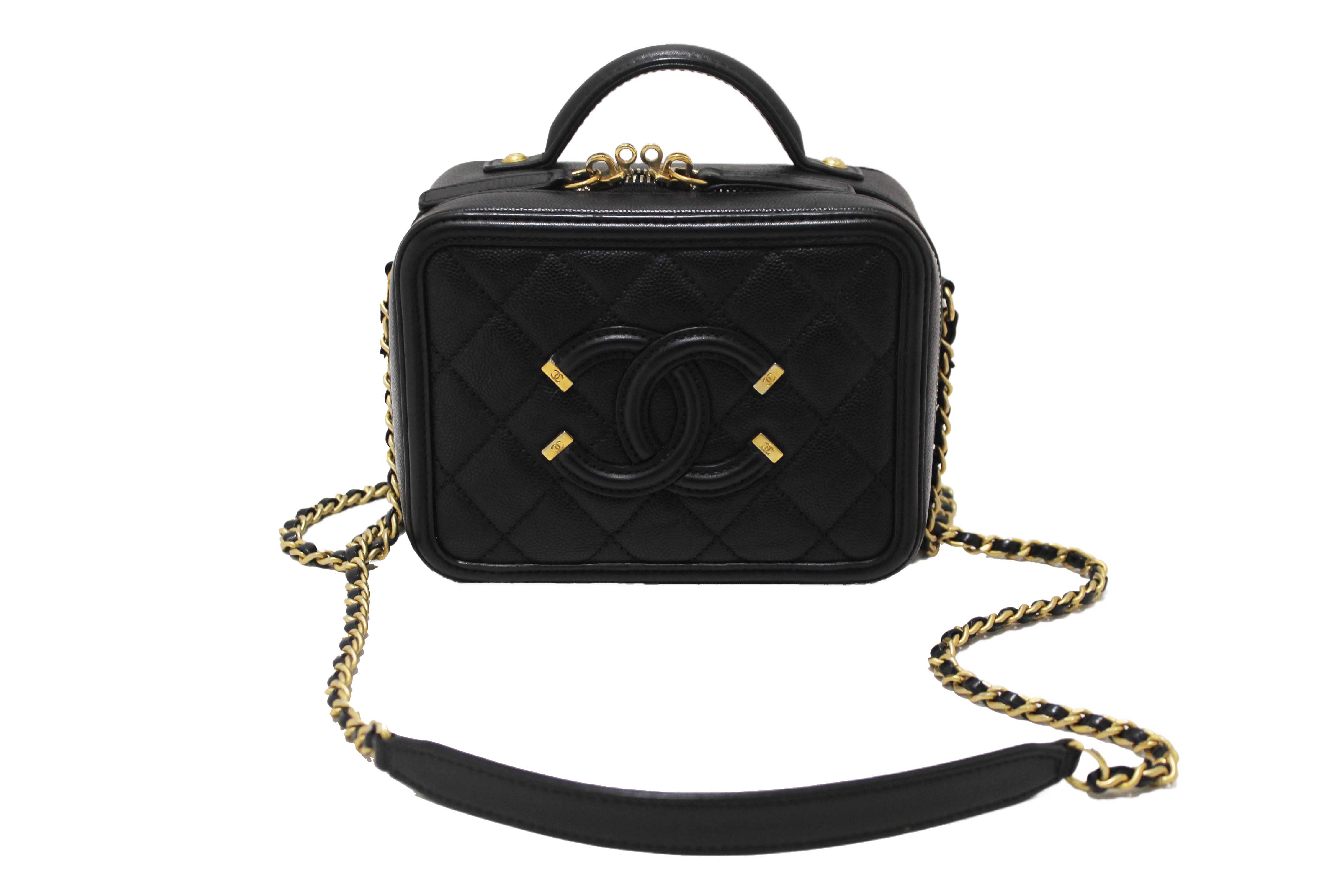 Authentic Chanel Black Quilted Caviar Leather Small CC Filigree Vanity Case