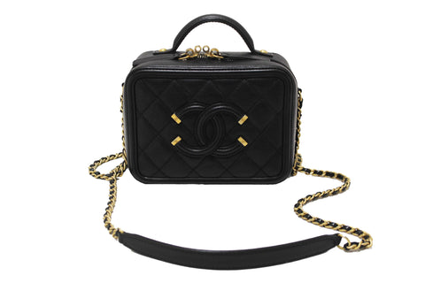 Authentic Chanel Black Quilted Caviar Leather Small CC Filigree Vanity Case
