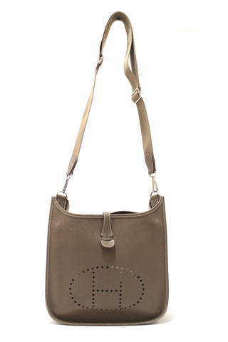 Authentic Hermes Etoupe Epsom Leather Evelyne PM III Messenger Bag