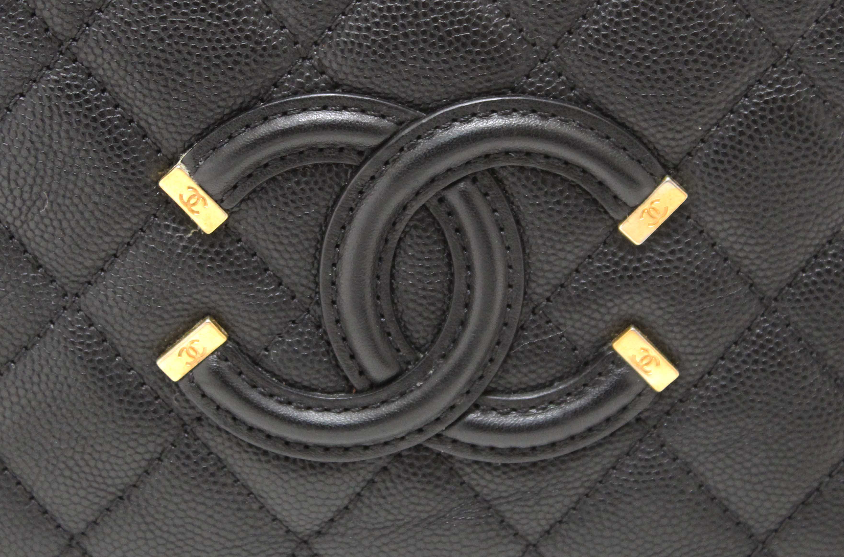 Authentic Chanel Black Quilted Caviar Leather Small CC Filigree Vanity Case