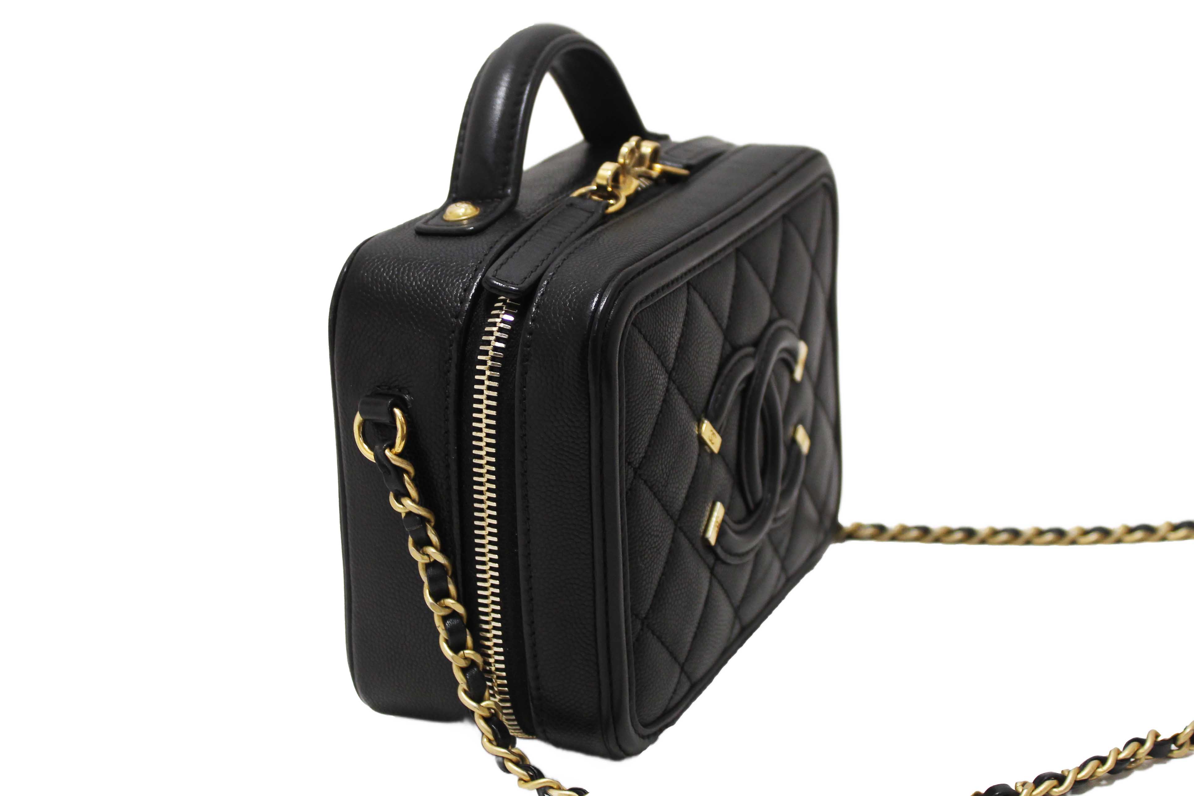 Authentic Chanel Black Quilted Caviar Leather Small CC Filigree Vanity Case