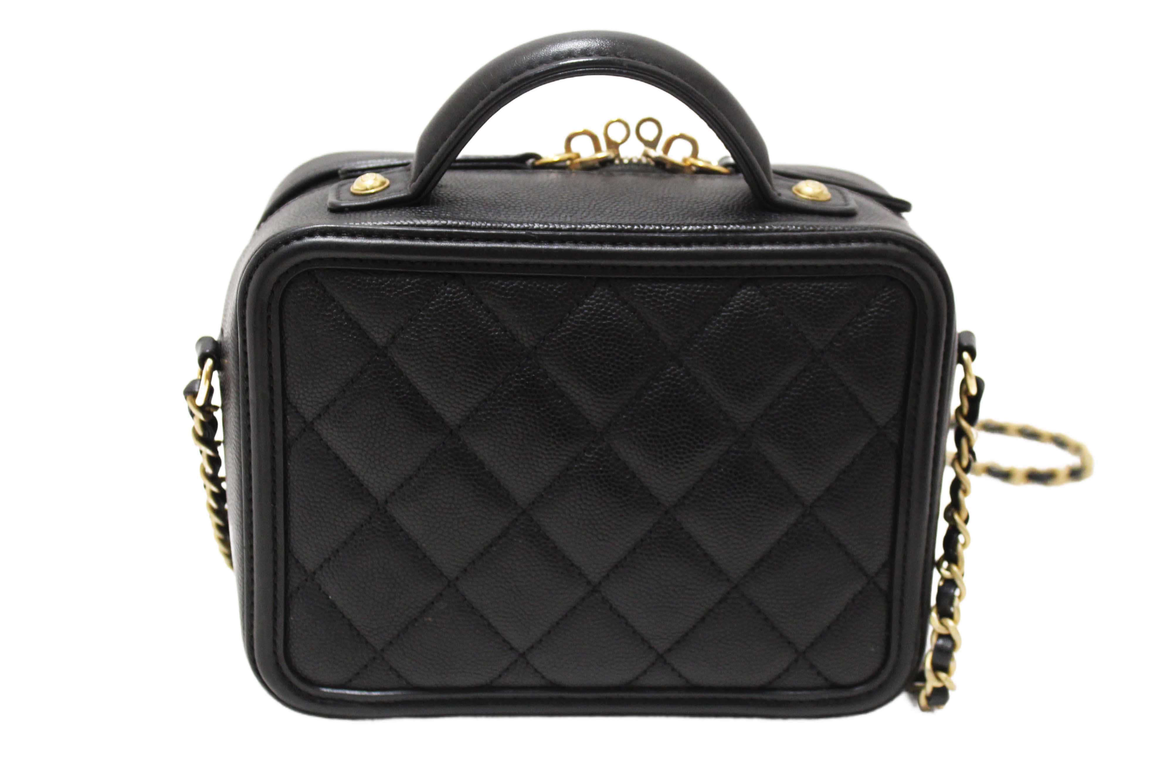 Authentic Chanel Black Quilted Caviar Leather Small CC Filigree Vanity Case