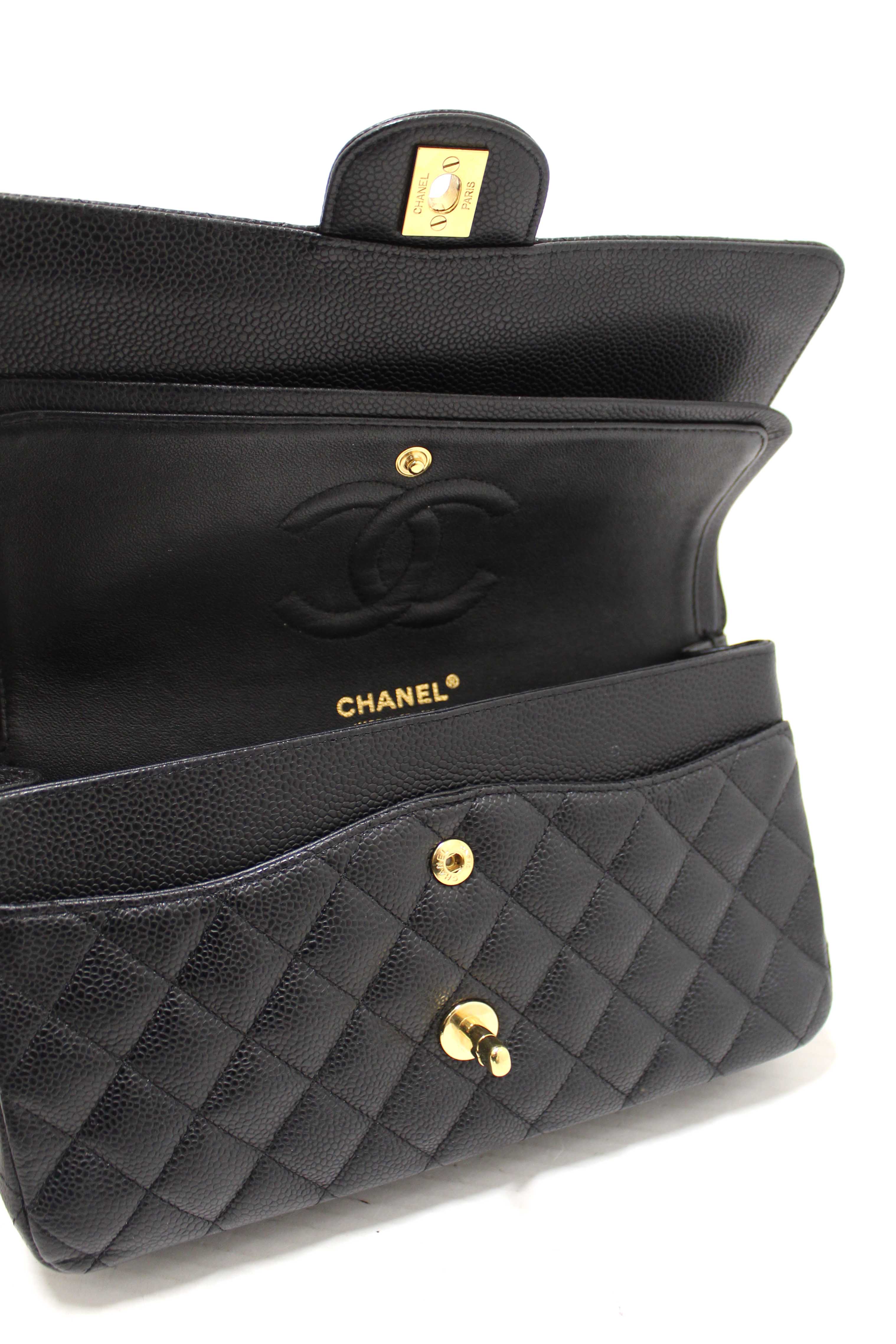 Authentic Chanel Classic Black Quilted Caviar Leather Classic Medium Double Flap Bag