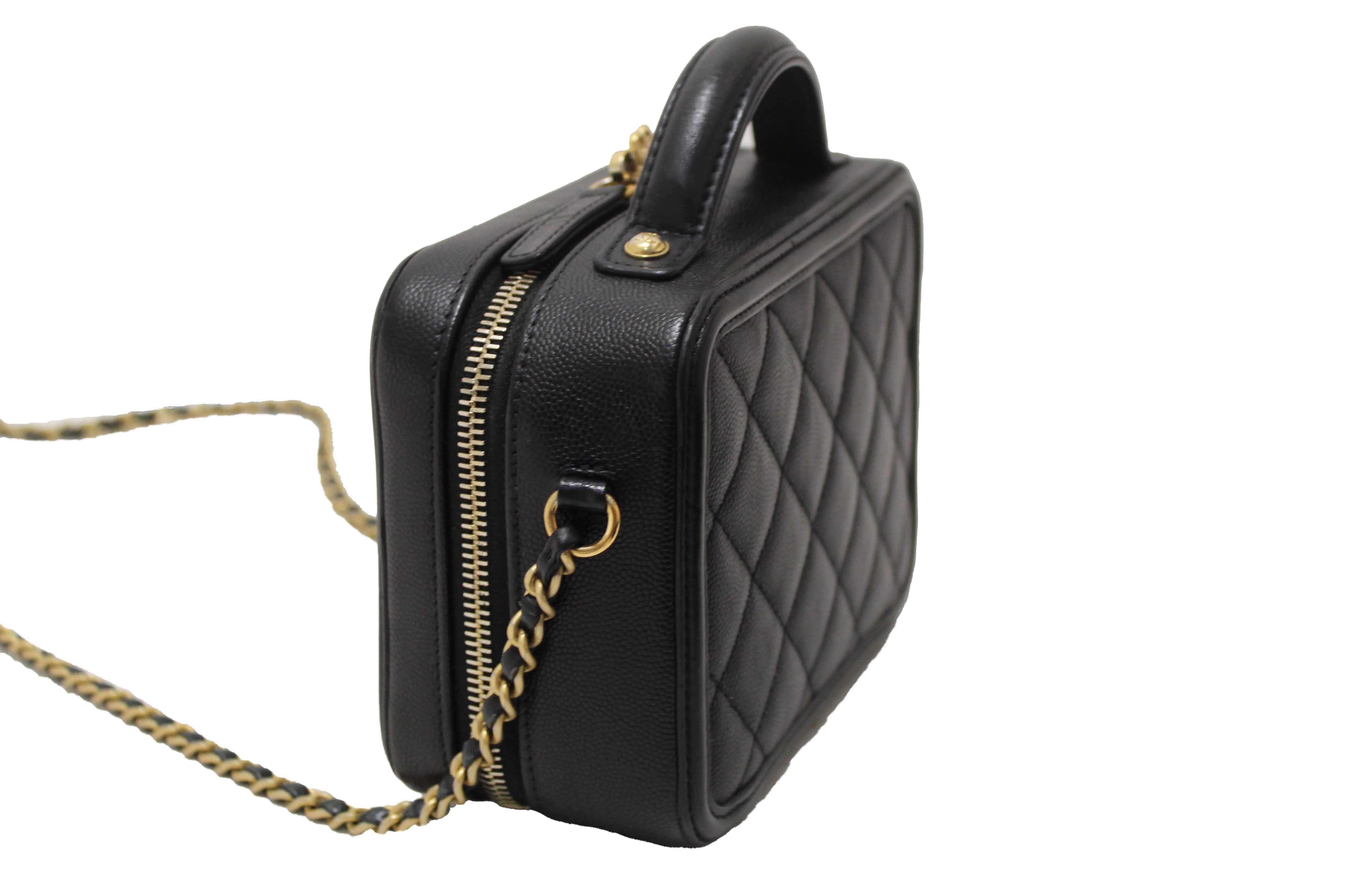 Authentic Chanel Black Quilted Caviar Leather Small CC Filigree Vanity Case
