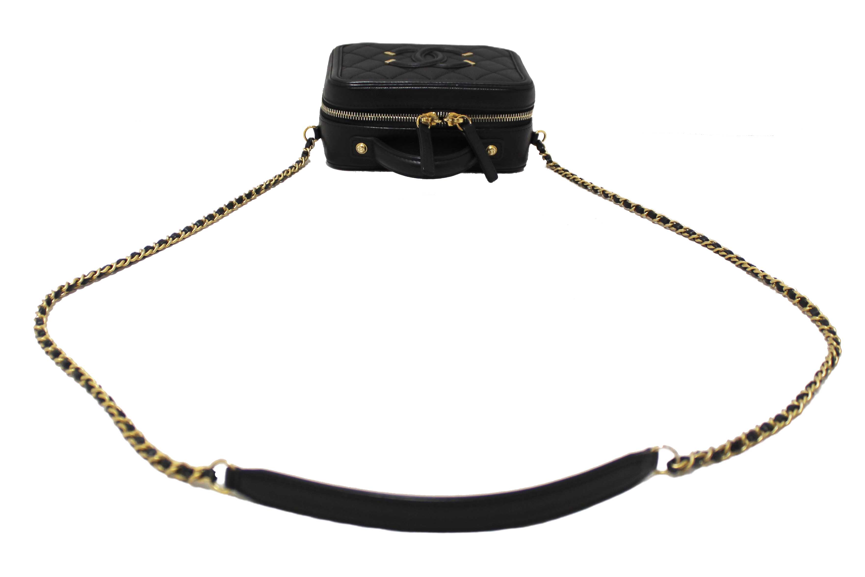 Authentic Chanel Black Quilted Caviar Leather Small CC Filigree Vanity Case