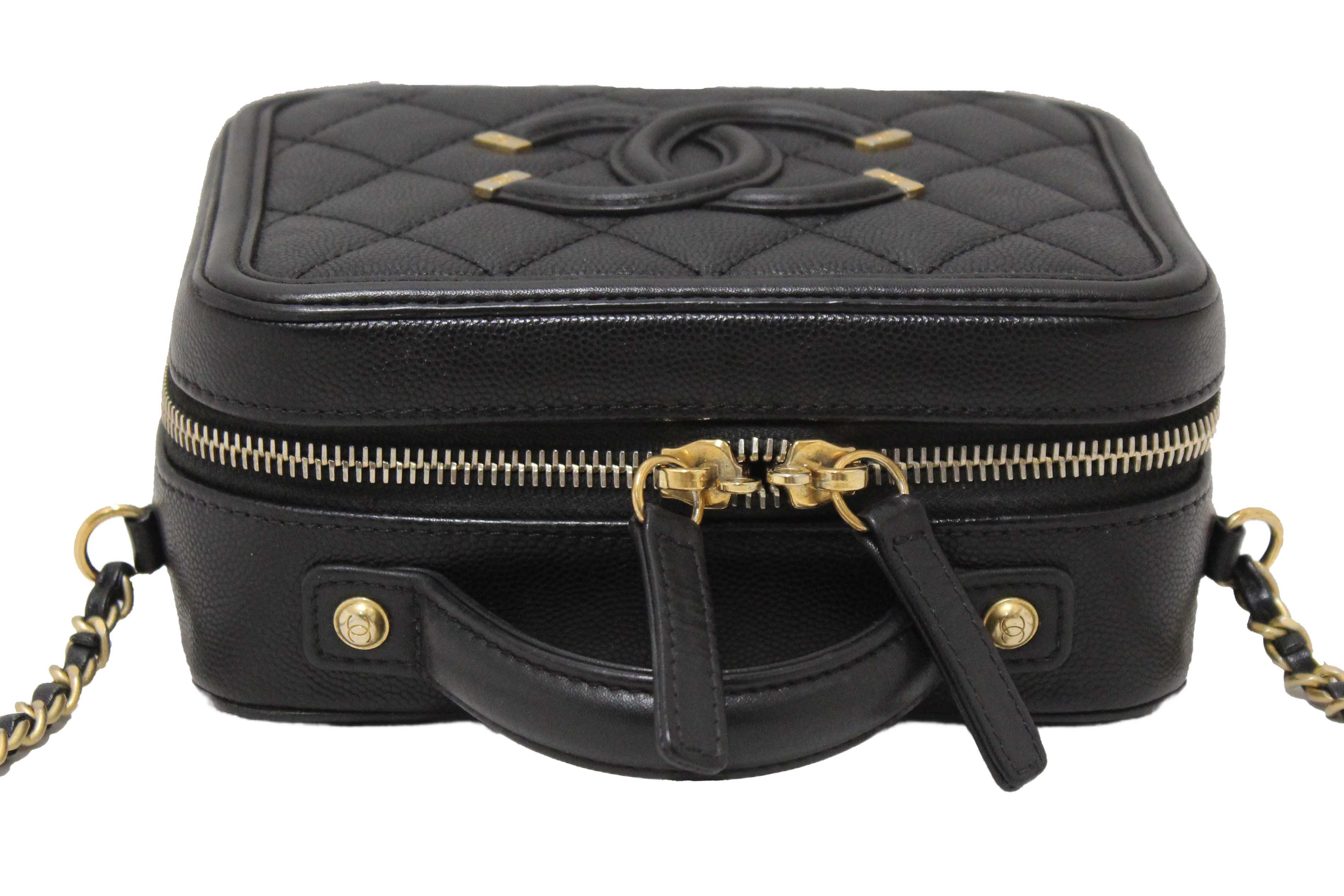 Authentic Chanel Black Quilted Caviar Leather Small CC Filigree Vanity Case