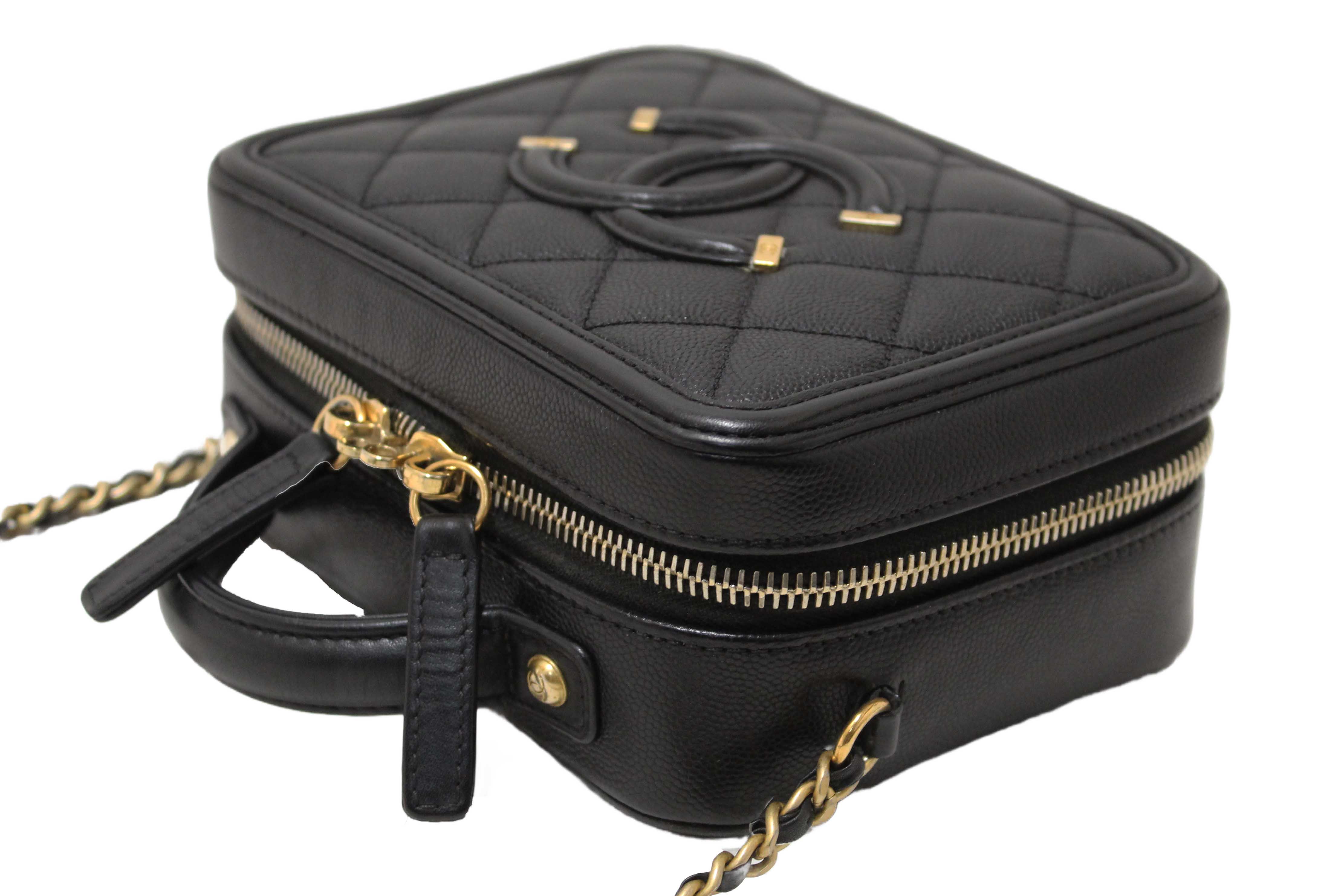Authentic Chanel Black Quilted Caviar Leather Small CC Filigree Vanity Case