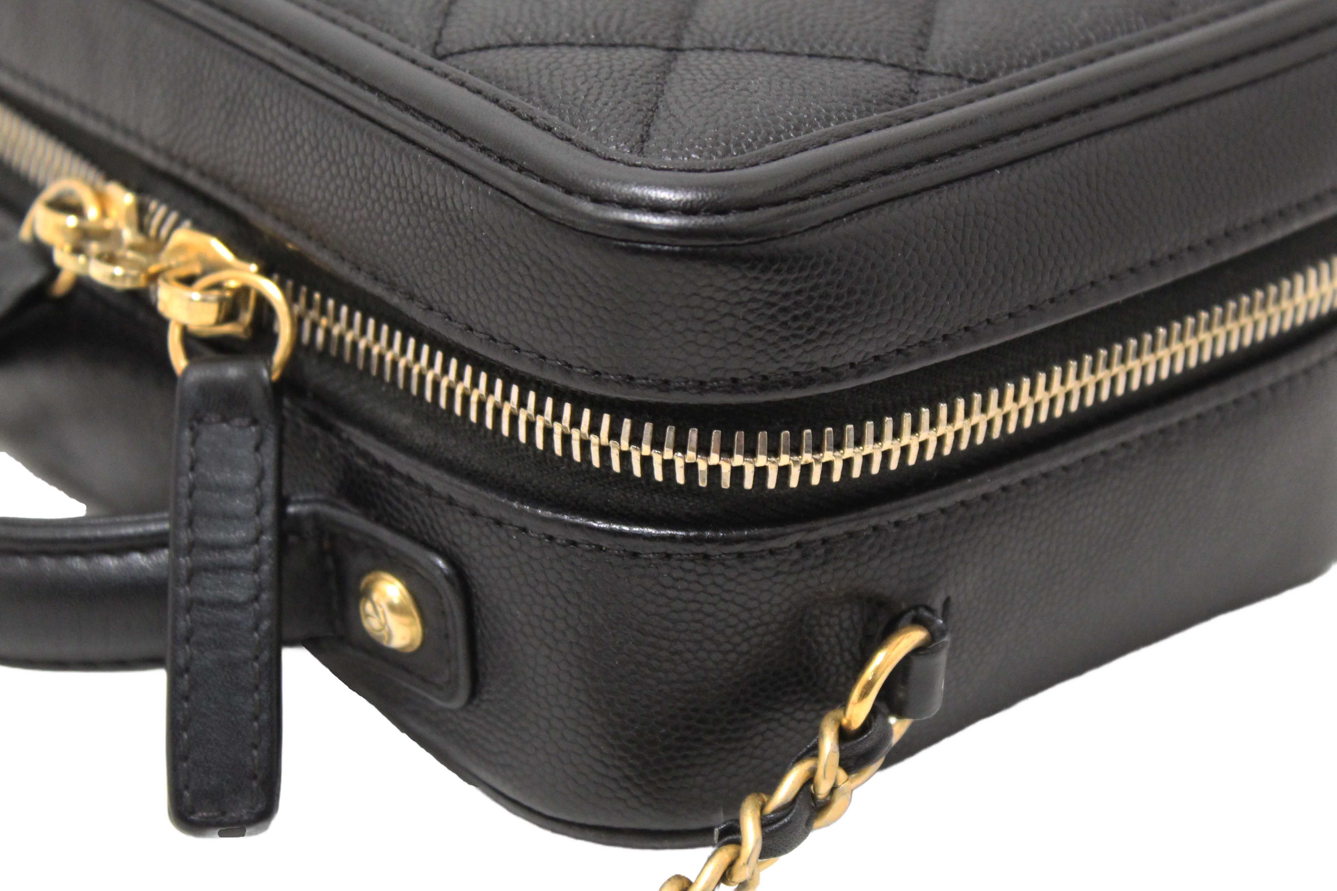 Authentic Chanel Black Quilted Caviar Leather Small CC Filigree Vanity Case