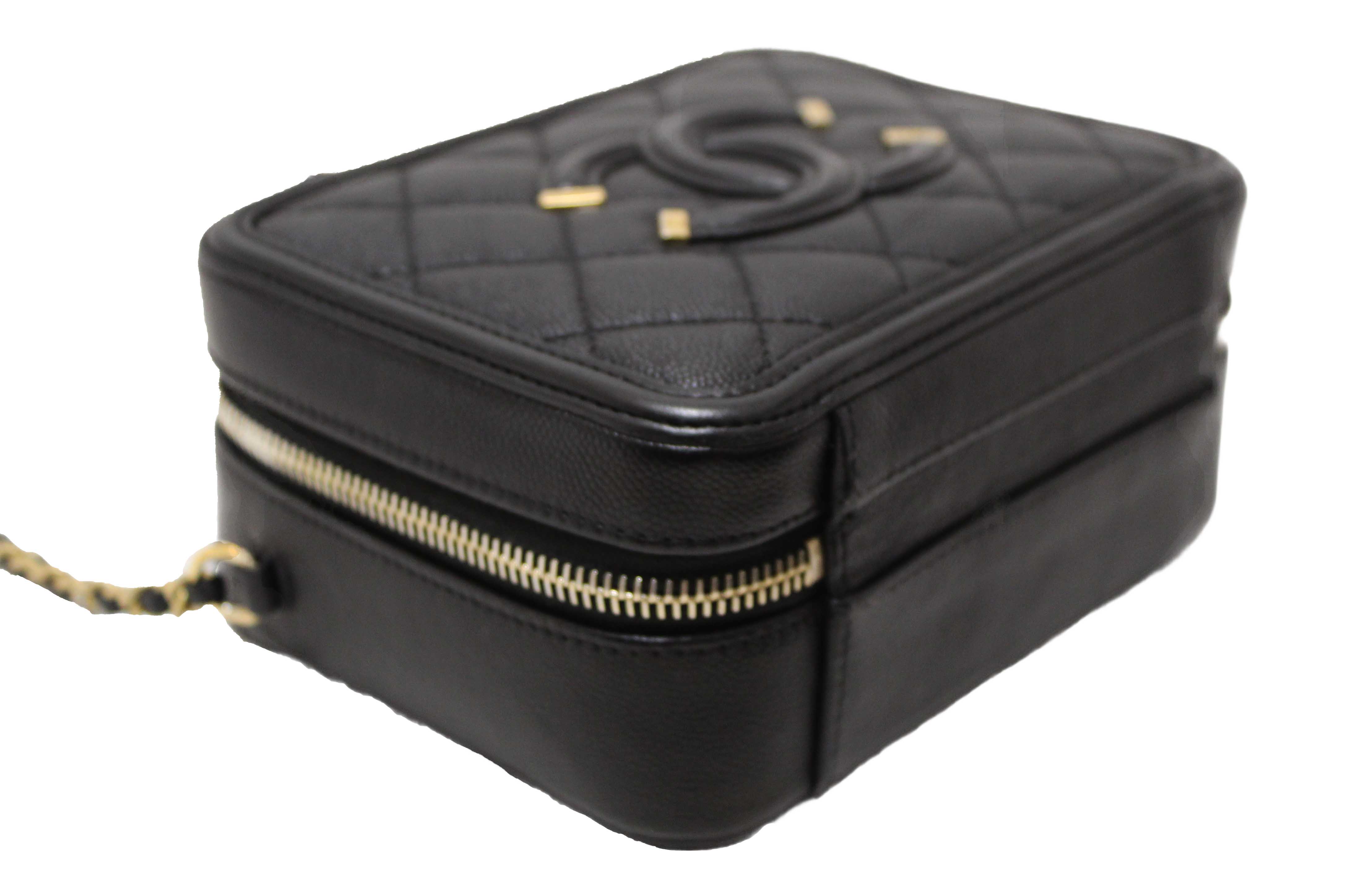 Authentic Chanel Black Quilted Caviar Leather Small CC Filigree Vanity Case