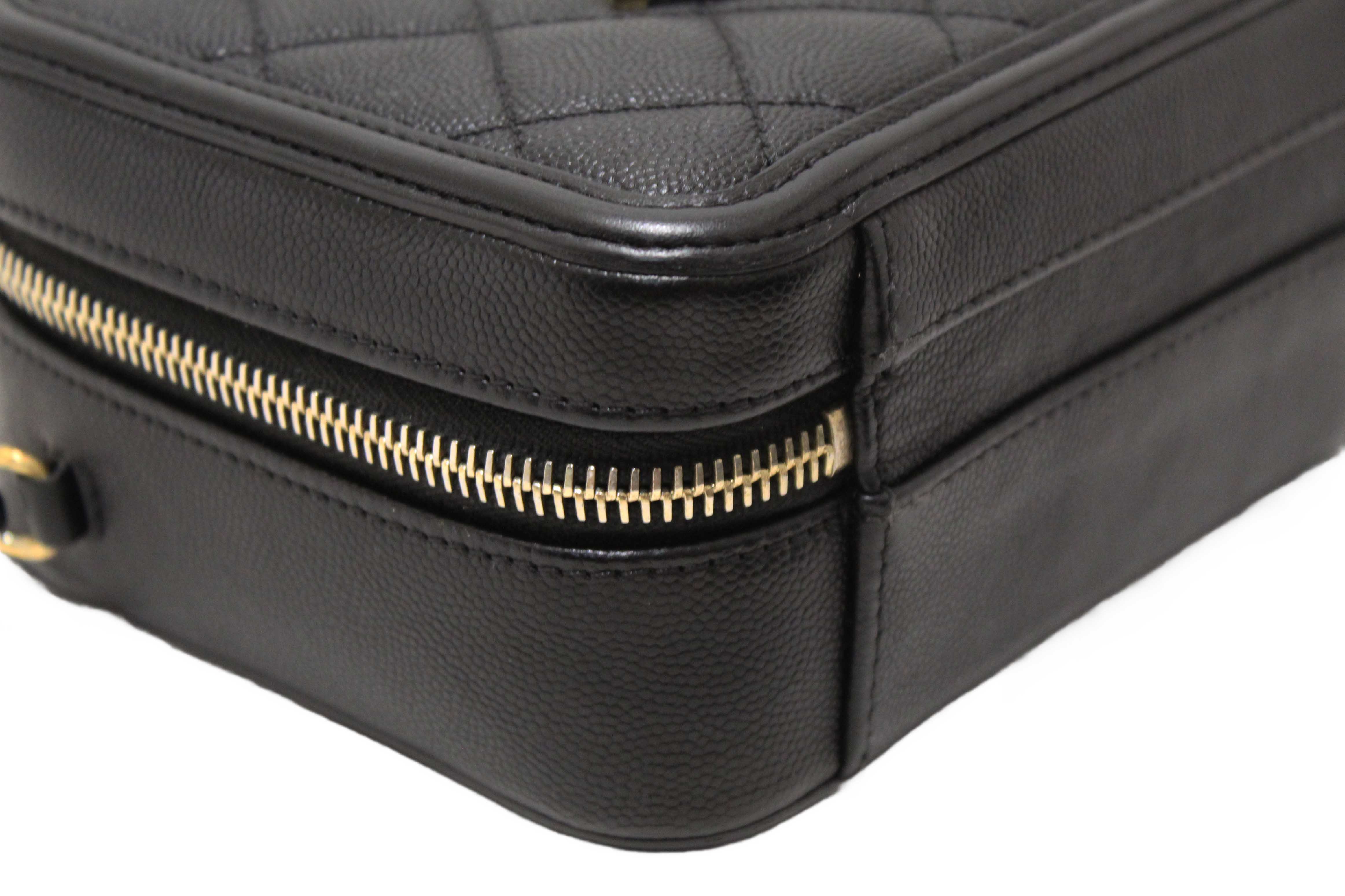 Authentic Chanel Black Quilted Caviar Leather Small CC Filigree Vanity Case