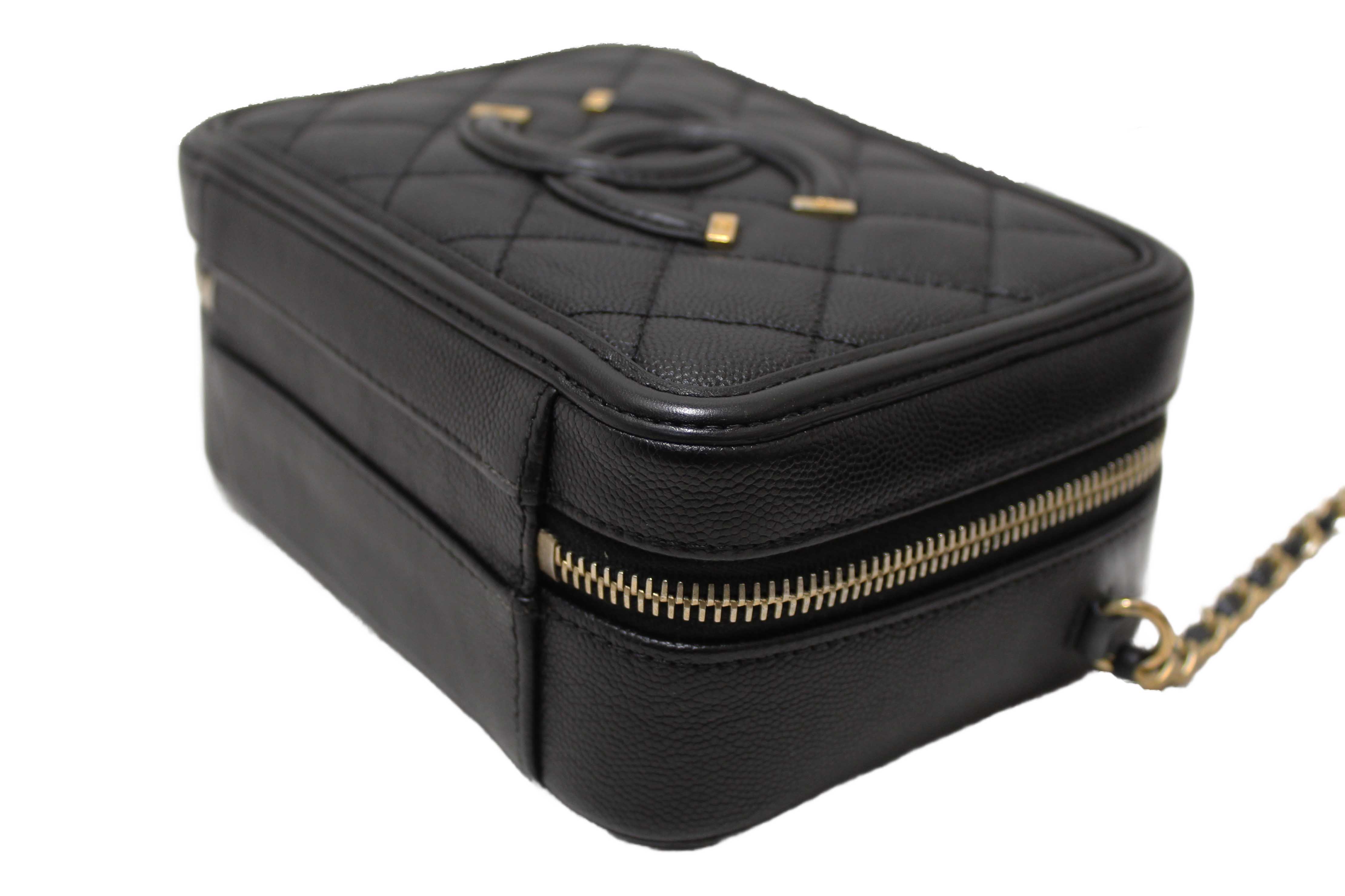 Authentic Chanel Black Quilted Caviar Leather Small CC Filigree Vanity Case