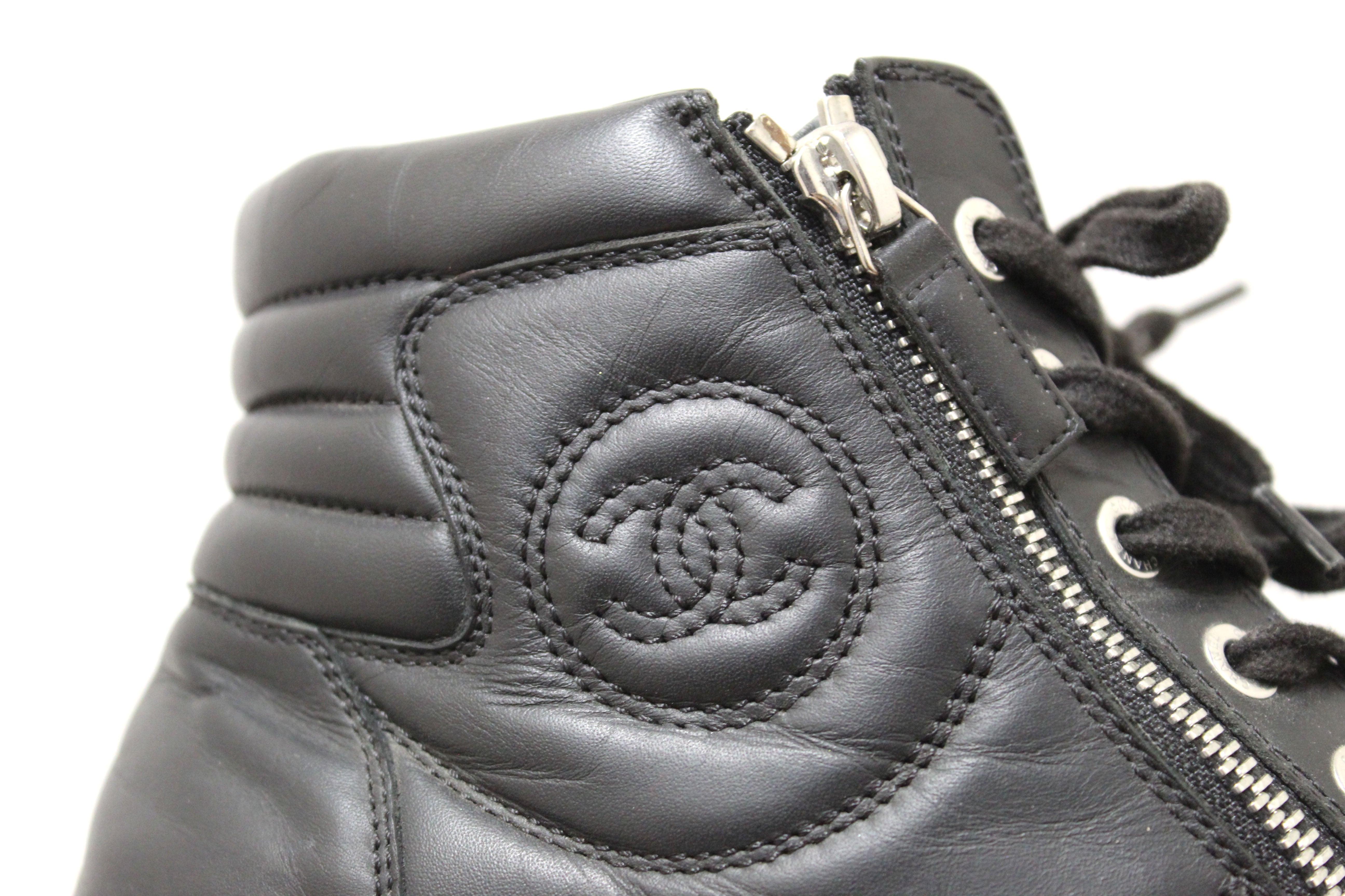 Authentic Chanel Black Leather CC Zip Link High Top Sneakers Size 37