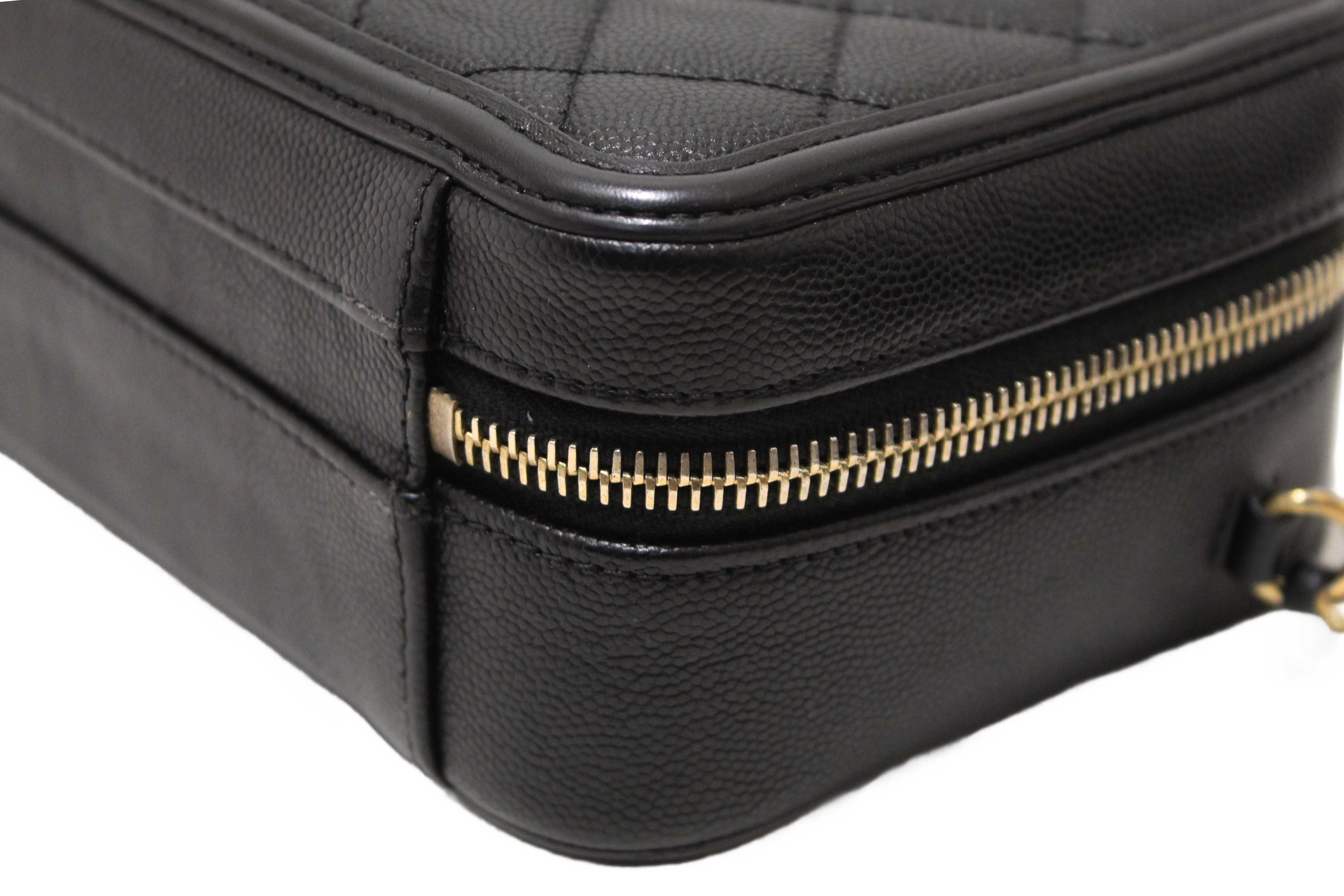 Authentic Chanel Black Quilted Caviar Leather Small CC Filigree Vanity Case