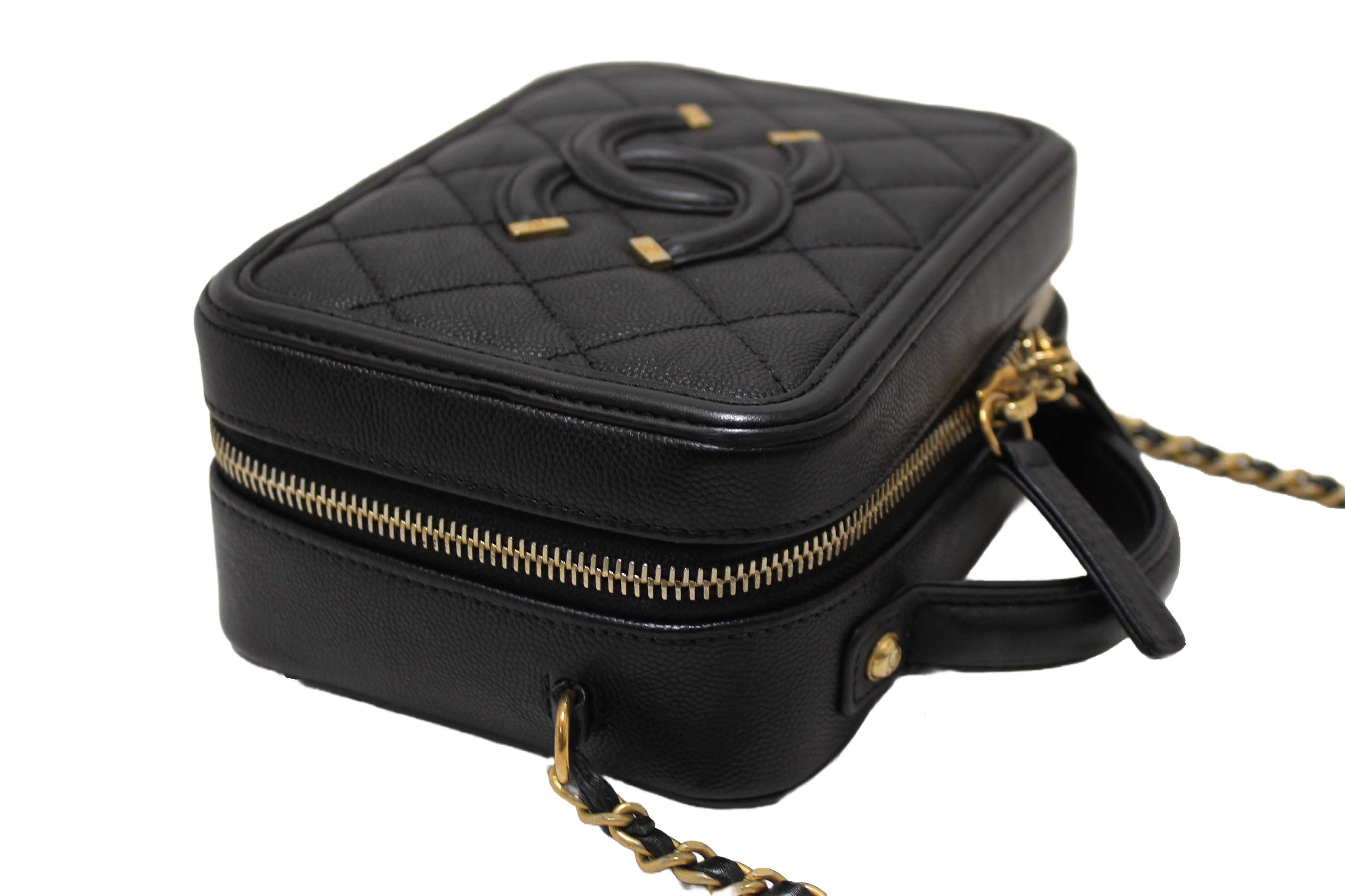 Authentic Chanel Black Quilted Caviar Leather Small CC Filigree Vanity Case