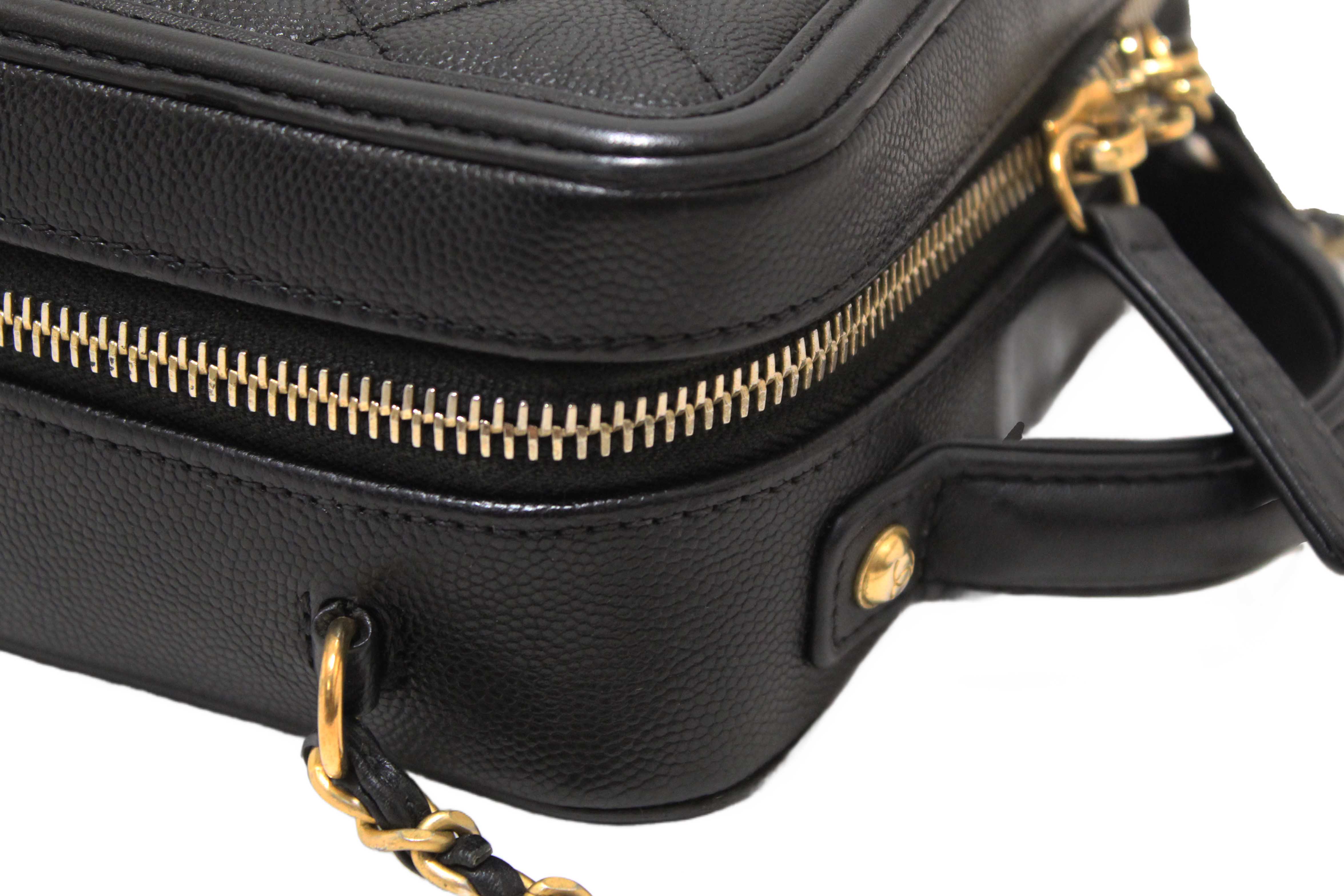 Authentic Chanel Black Quilted Caviar Leather Small CC Filigree Vanity Case