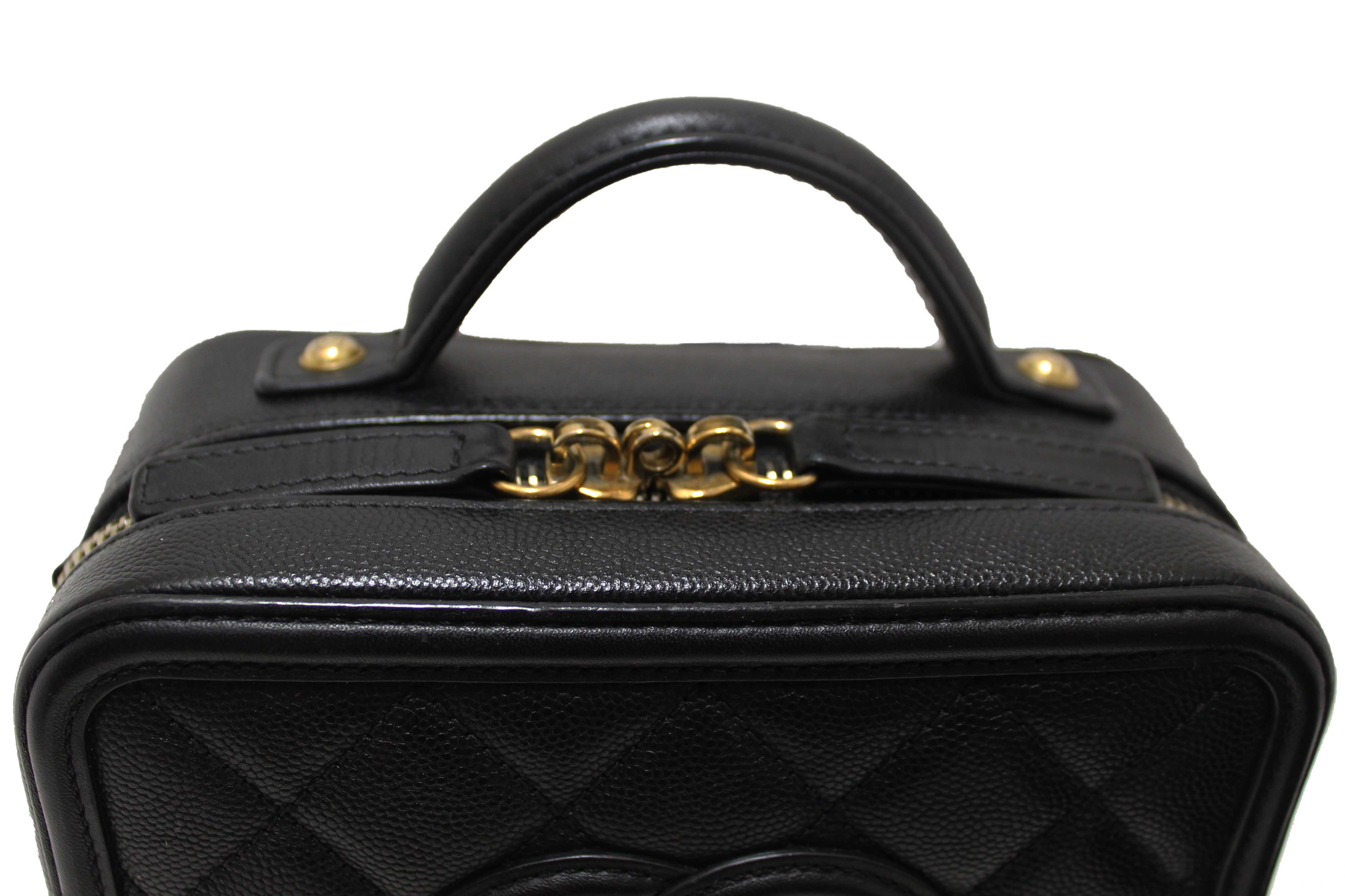 Authentic Chanel Black Quilted Caviar Leather Small CC Filigree Vanity Case