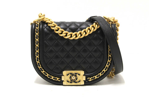 Authentic Chanel Black Quilted Caviar Leather Le Boy Half Moon Small Messenger Bag