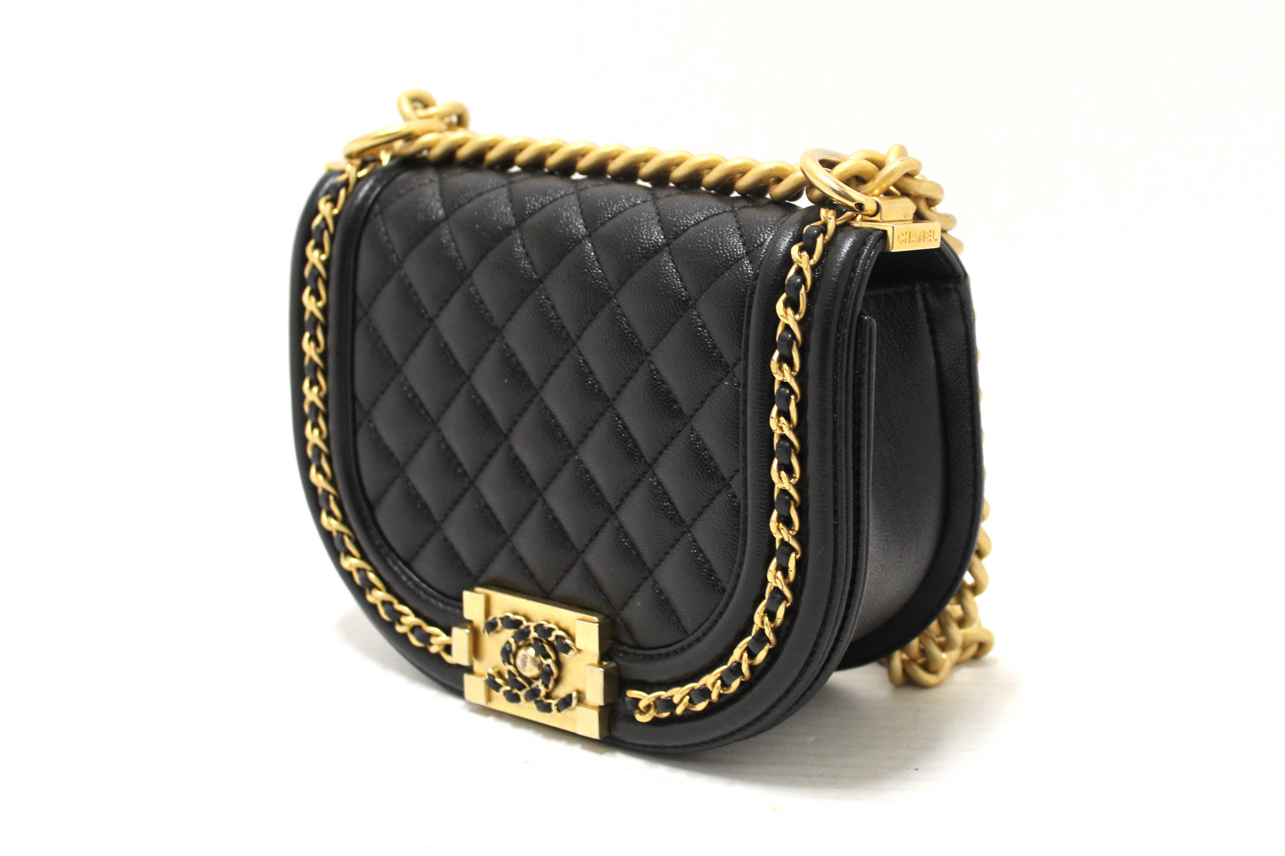 Authentic Chanel Black Quilted Caviar Leather Le Boy Half Moon Small Messenger Bag