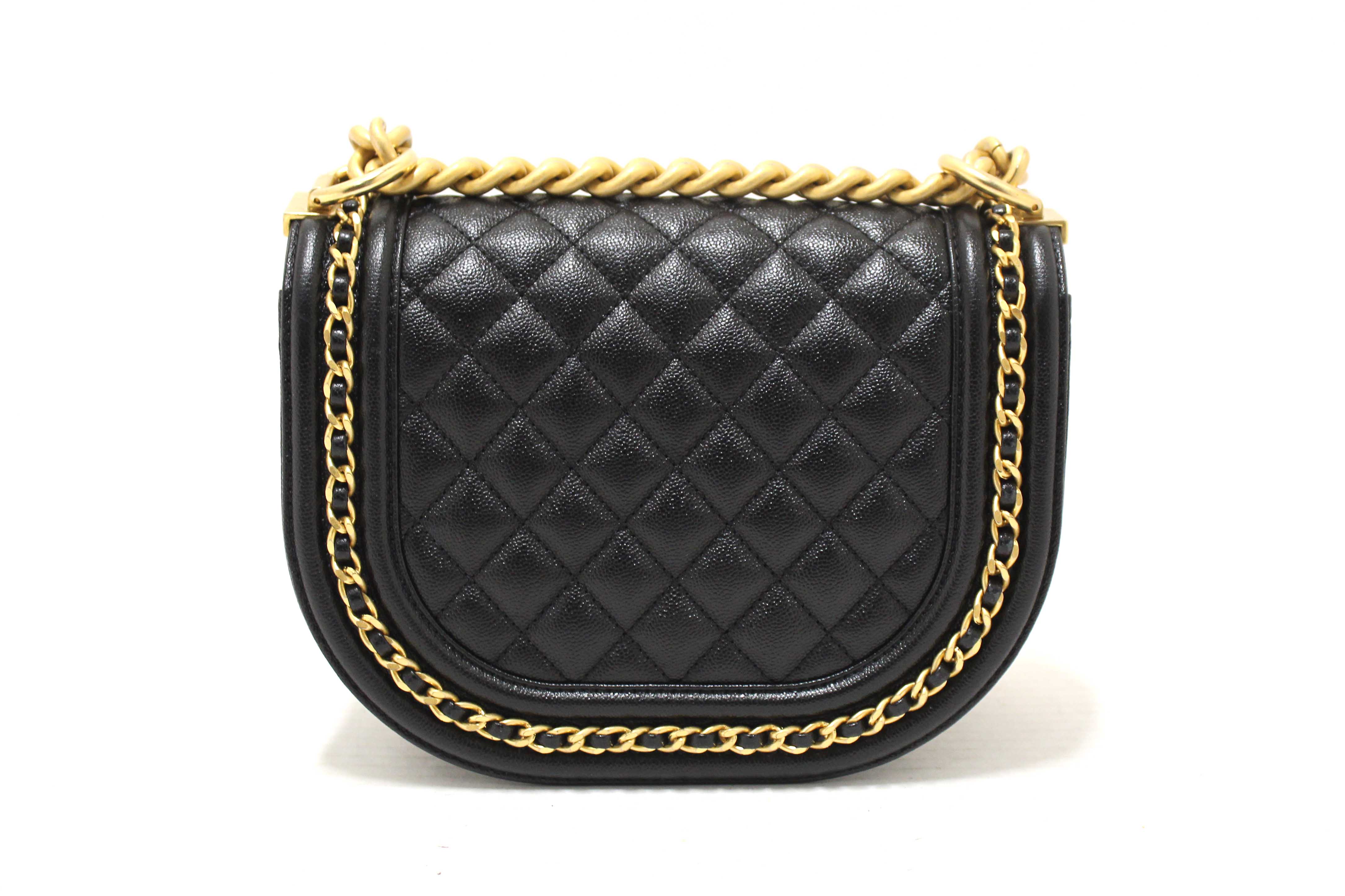 Authentic Chanel Black Quilted Caviar Leather Le Boy Half Moon Small Messenger Bag