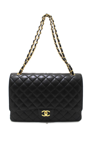 Authentic Chanel Black Quilted Caviar Leather Classic Maxi Double Flap Bag