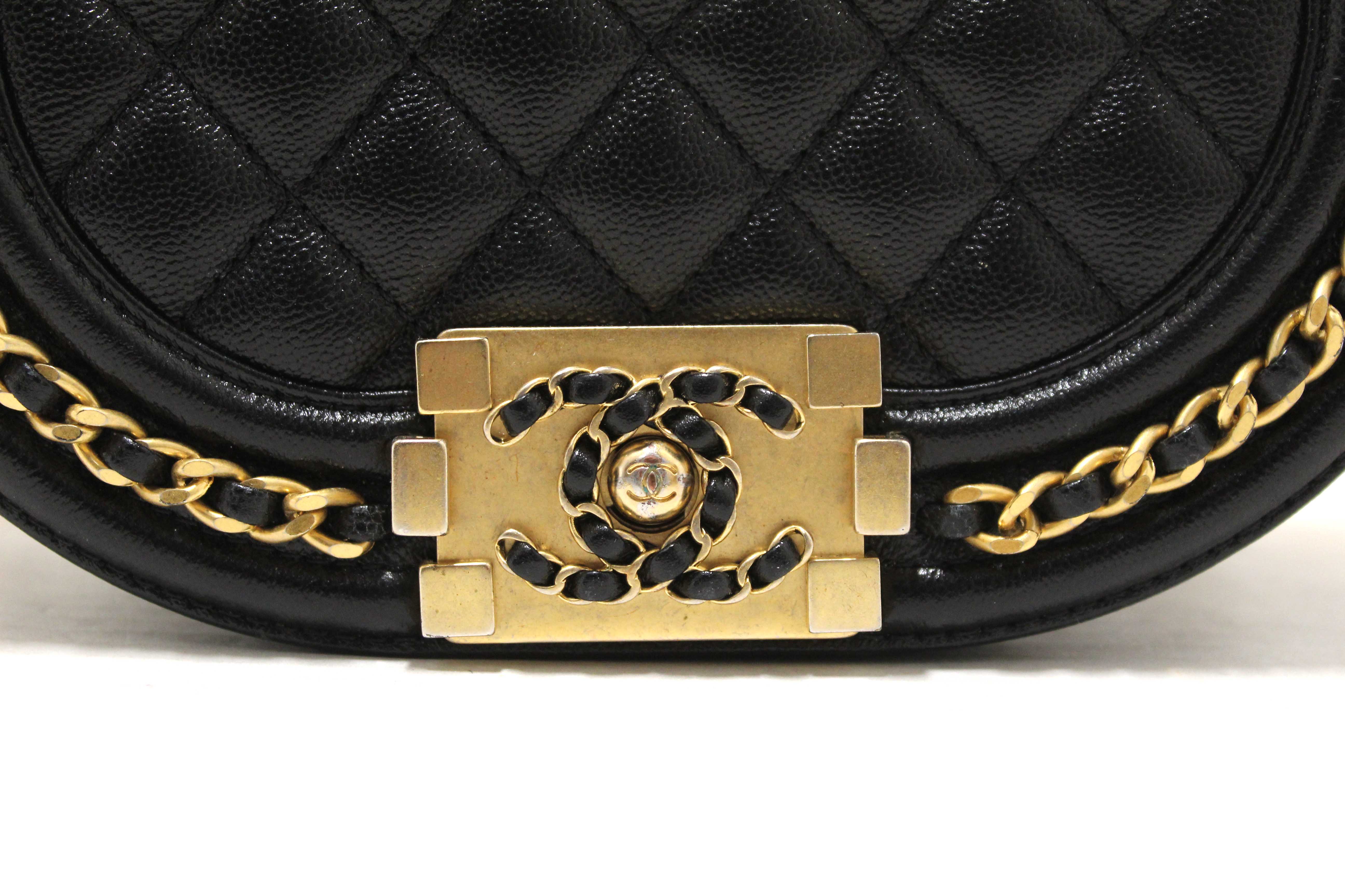 Authentic Chanel Black Quilted Caviar Leather Le Boy Half Moon Small Messenger Bag