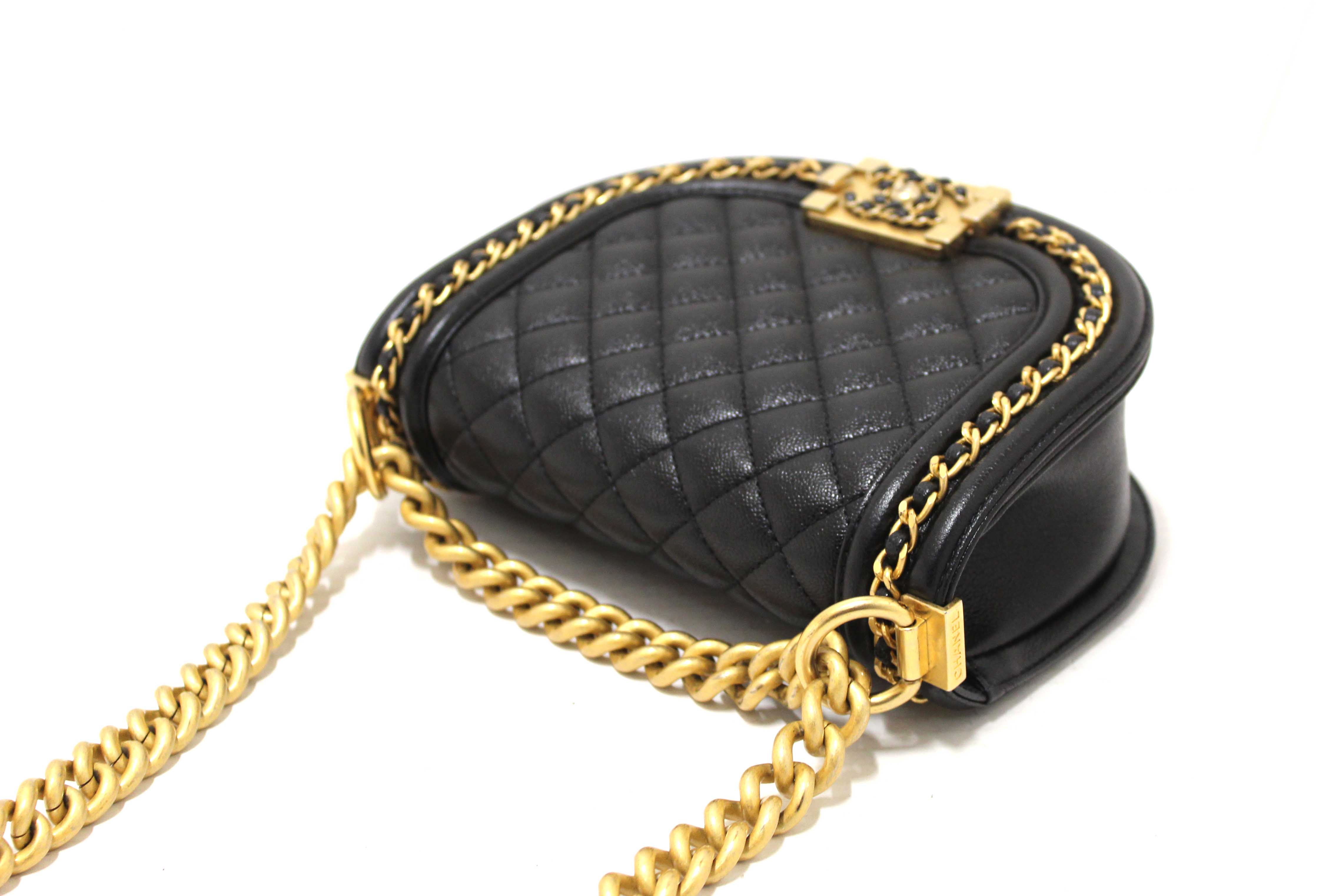 Authentic Chanel Black Quilted Caviar Leather Le Boy Half Moon Small Messenger Bag