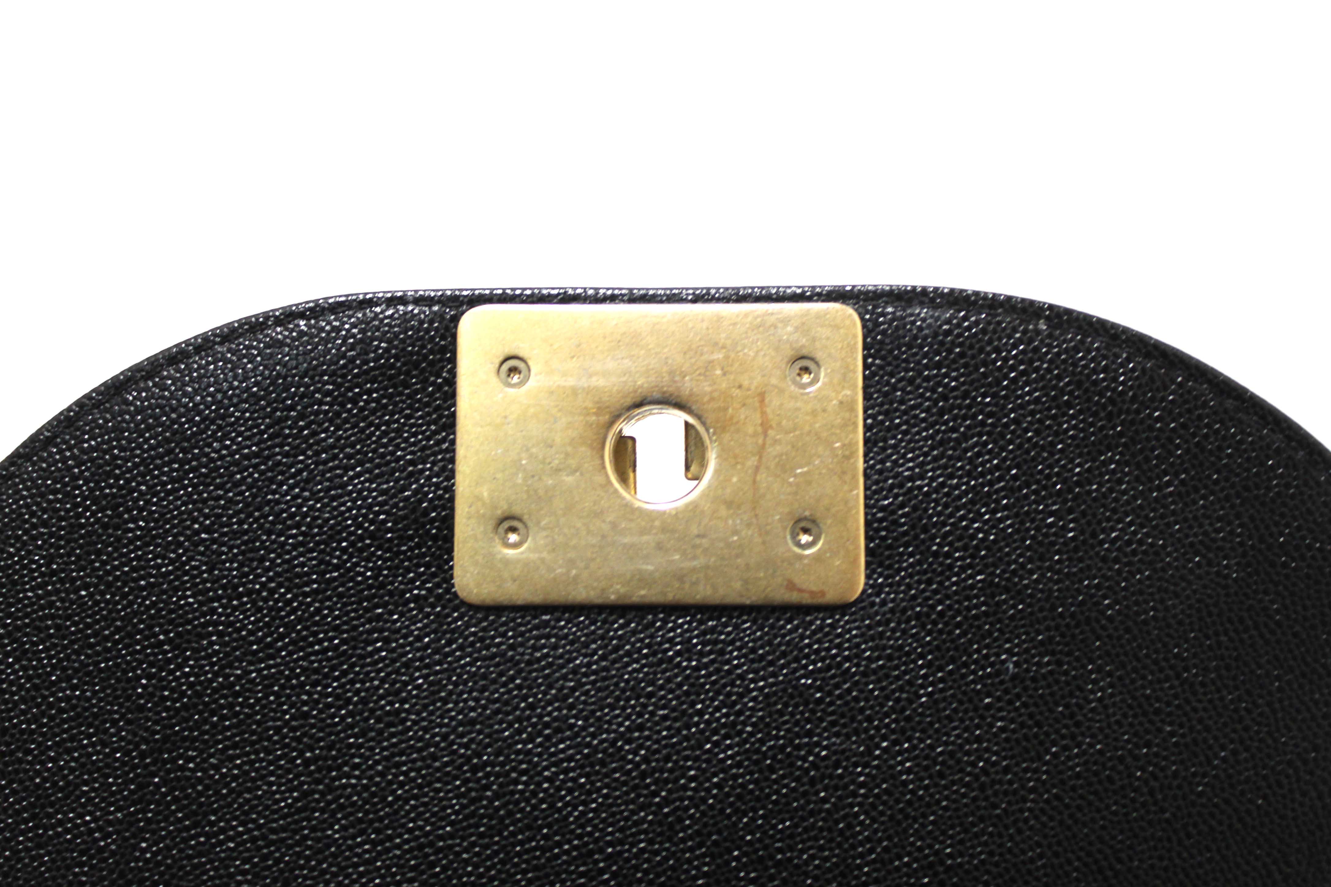 Authentic Chanel Black Quilted Caviar Leather Le Boy Half Moon Small Messenger Bag