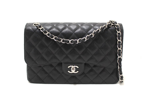 Authentic Chanel Black Quilted Caviar Leather Classic Jumbo Double Flap Bag