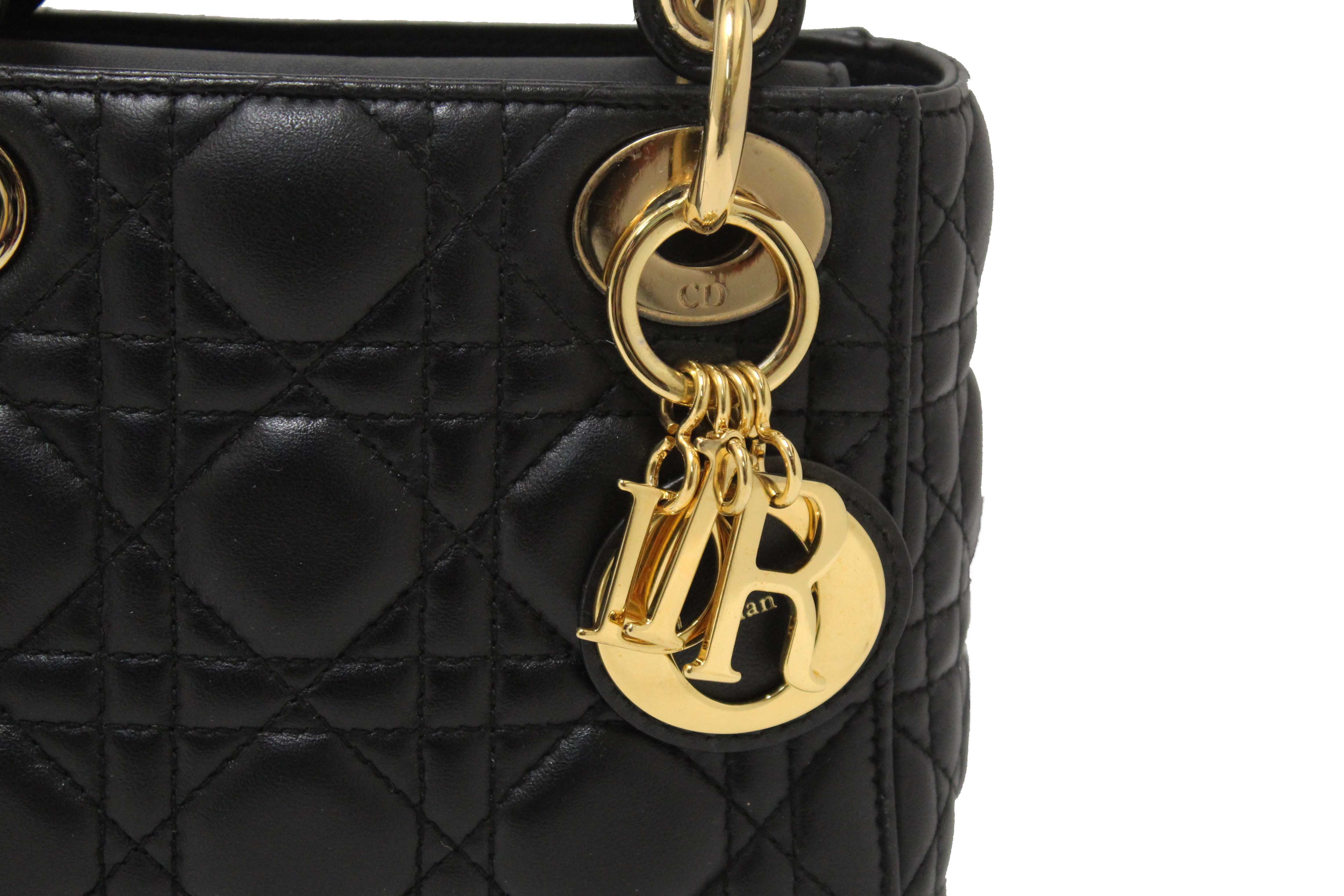 Authentic Christian Dior Black Cannage Lambskin Leather Mini Lady Dior Bag