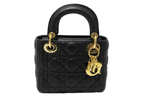 Authentic Christian Dior Black Cannage Lambskin Leather Mini Lady Dior Bag
