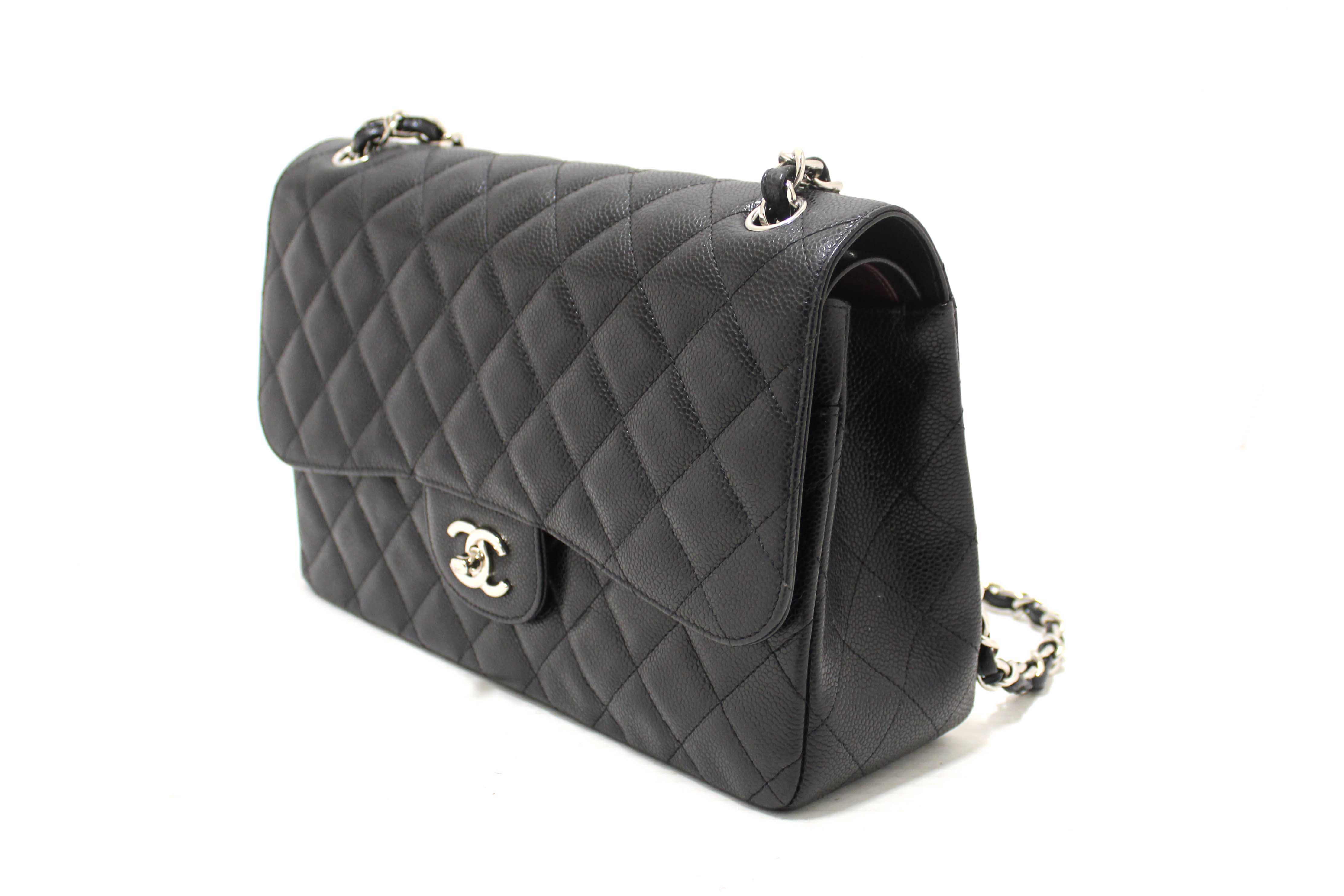 Authentic Chanel Black Quilted Caviar Leather Classic Jumbo Double Flap Bag